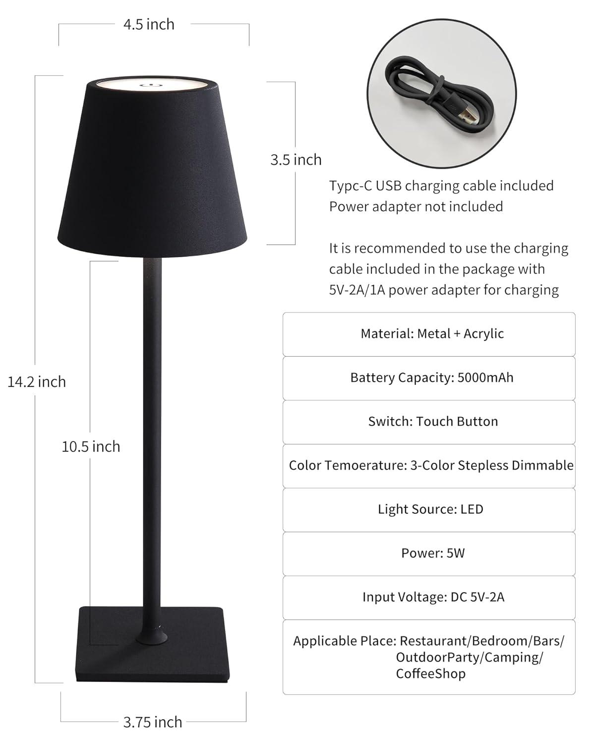 KDG 2 Pack Cordless Table Lamp,Portable LED Desk Lamp, 5000mAh Battery Operated, 3 Color Stepless Dimming Up, for Restaurant/Bedroom/Bars/Outdoor Party/Camping/Coffee Shop Night Light(Black)