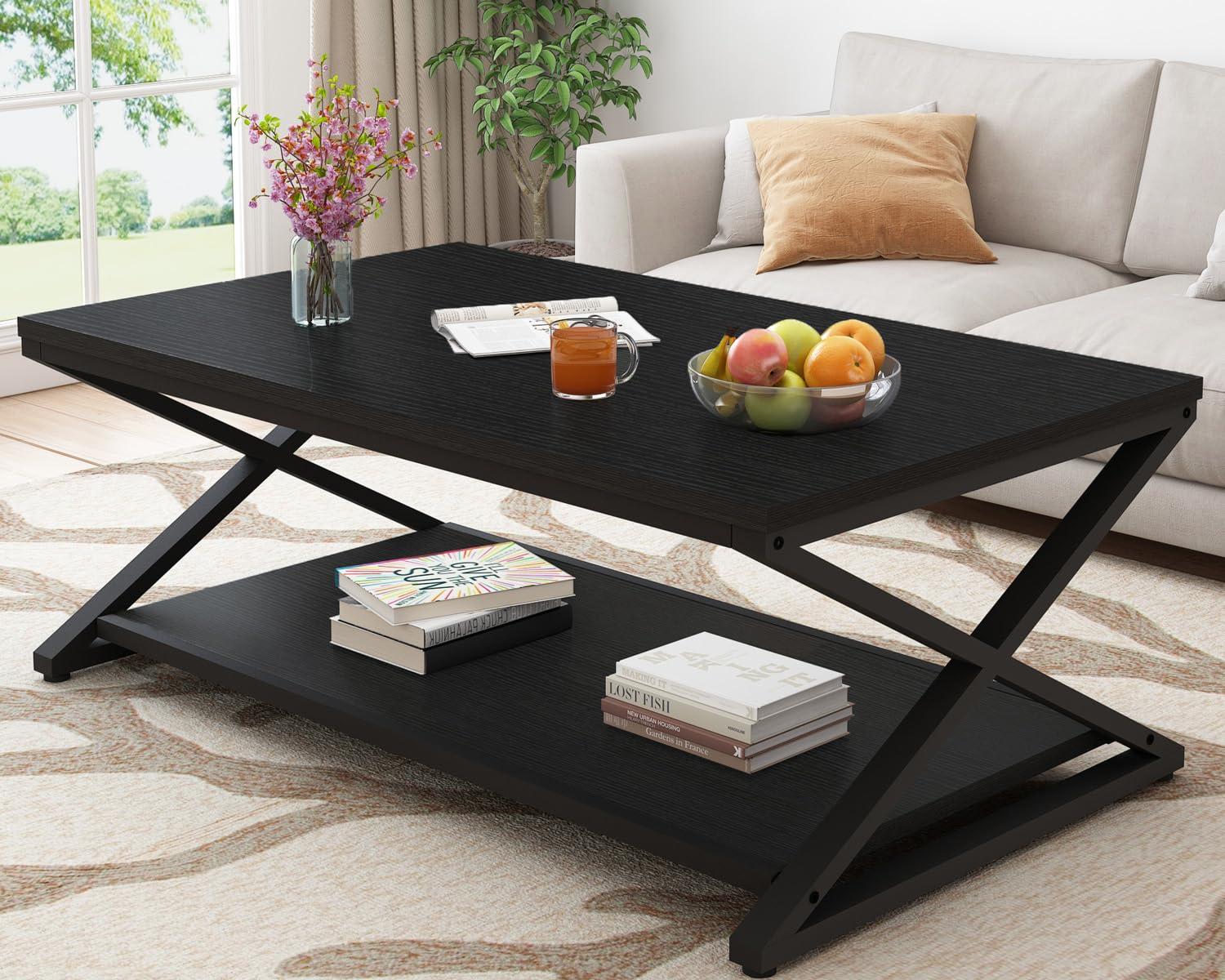 47 Inch Table with Storage Shelf, 2 Tier Rectangle Center Table Minimalist Home Tea Coffee Table
