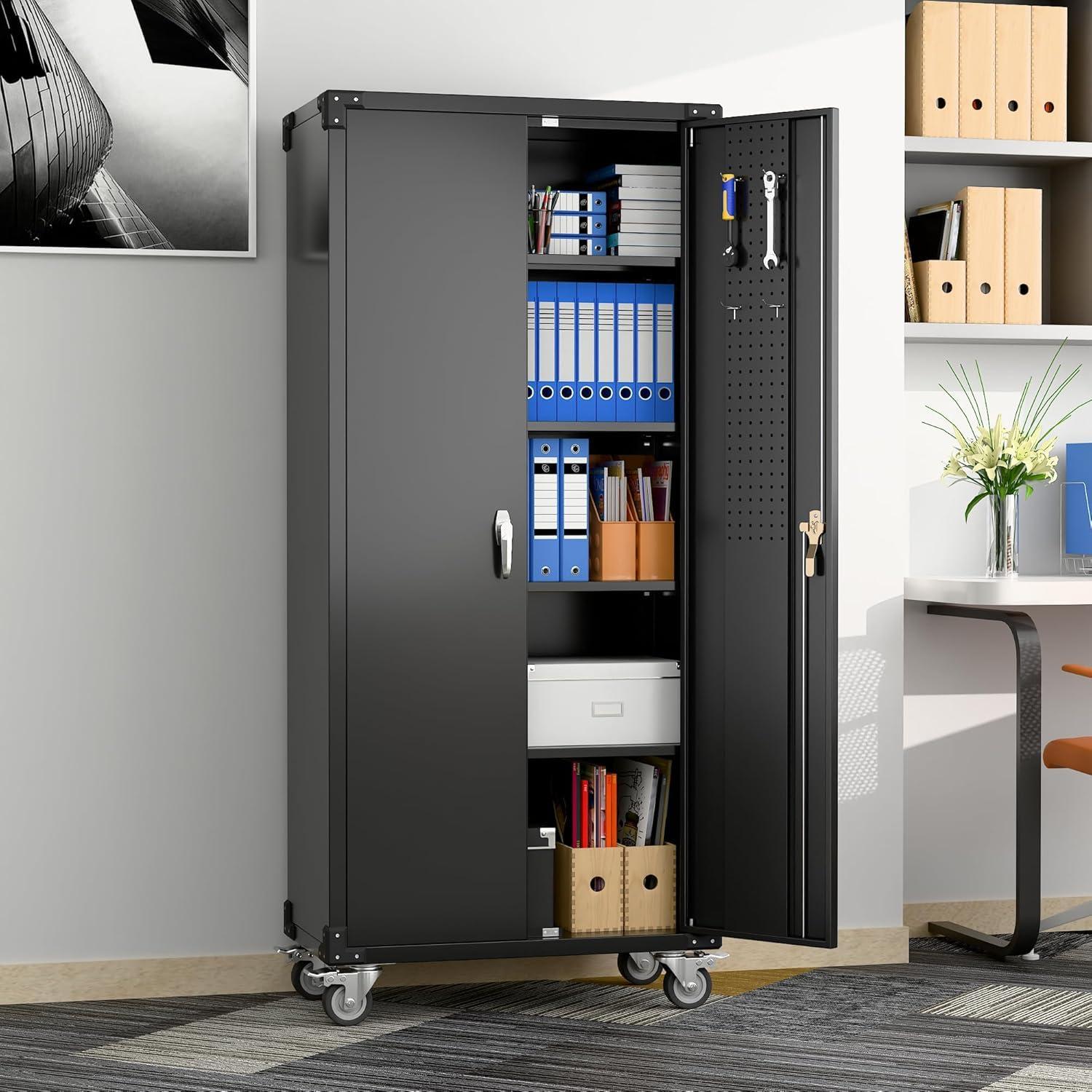 AOBABO 72 Inch Locking Metal Garage Storage Cabinet with Universal Rubber Wheels with Lockable Casters, Pegboards, and Magnetic Doors, Black