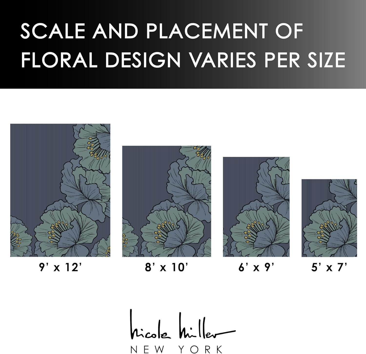 NICOLE MILLER NEW YORK Flora Grandeur Bloom Handcrafted Area Rug, Natural Wool Rug, Bold Floral Rug, Blue, 6'x9'