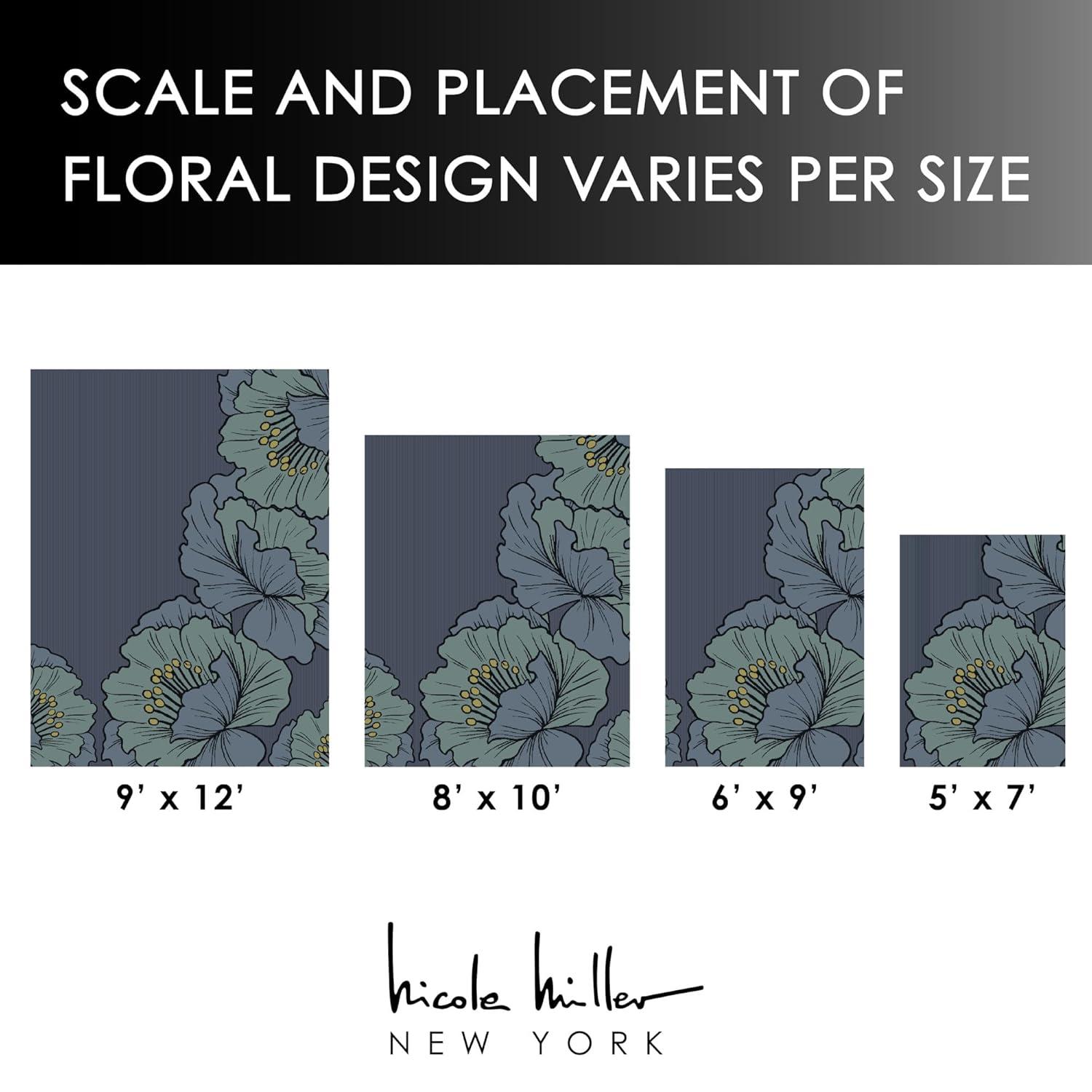 NICOLE MILLER NEW YORK Flora Grandeur Bloom Handcrafted Area Rug, Natural Wool Rug, Bold Floral Rug, Blue, 6'x9'