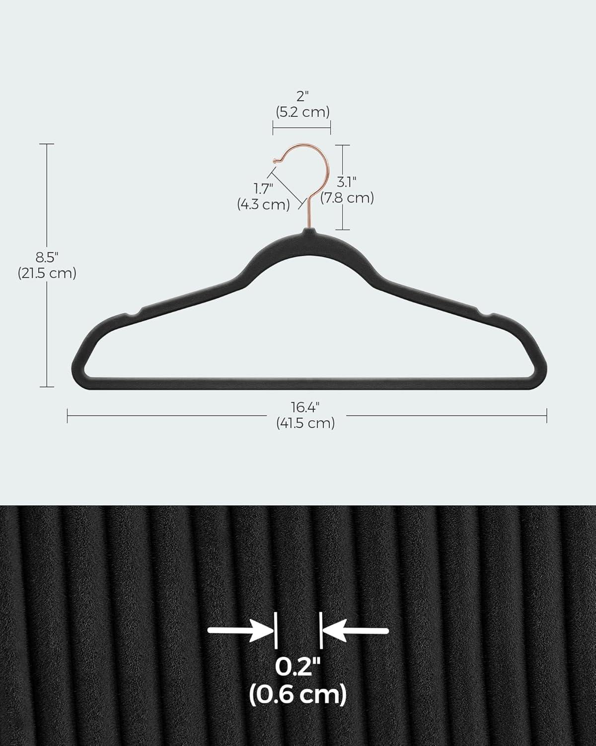 SONGMICS Velvet Hangers 50 Pack, Non-Slip with Rose Gold-Colored Swivel Hooks, Slim Space-Saving for Closet, Heavy-Duty, Black UCRF026B50