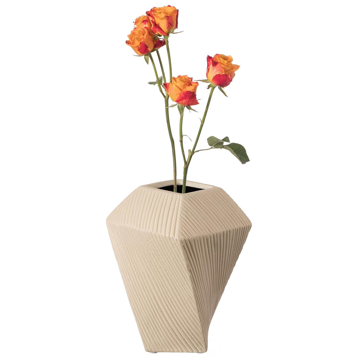 Uniquewise 7" H Decorative Ceramic Square Twisted Centerpiece Table Vase Beige, Small