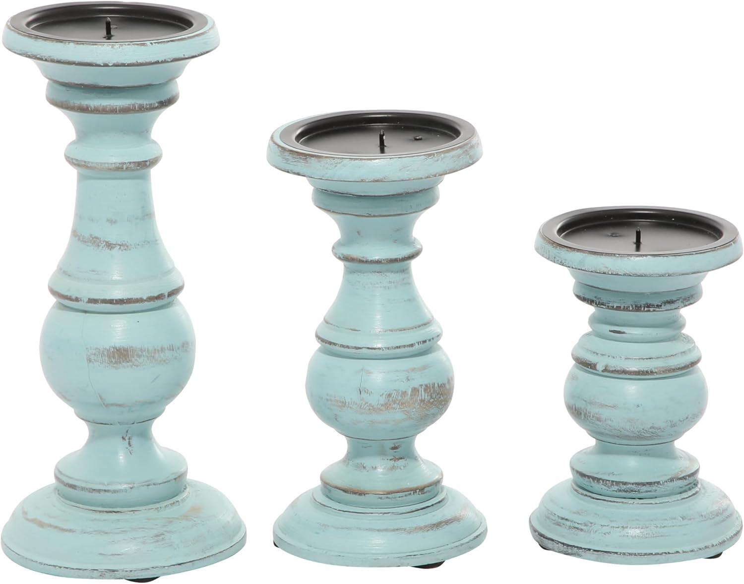 DecMode Traditional and Timeless Mango Wood Pillar Candle Holder Set of 3, 6", 8", 10"H, Light Blue Finish