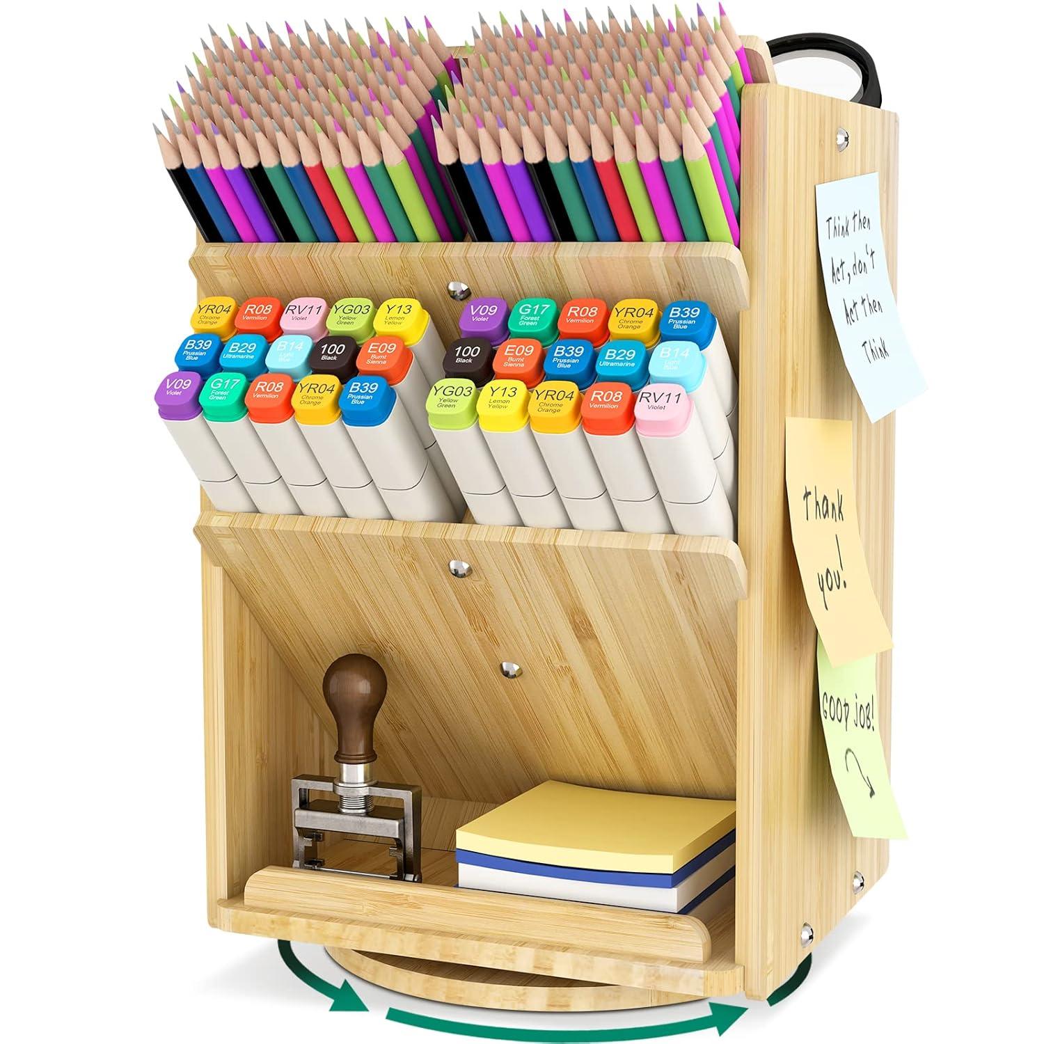 Bamboo Desk Organizer Storage Accessories - Ultra-large 13 compartments, 1000+ Pencil Holder Capacity, Easy DIY Assembly, Rotating Desktop Organizer, Cosmetics, and Office Supplies