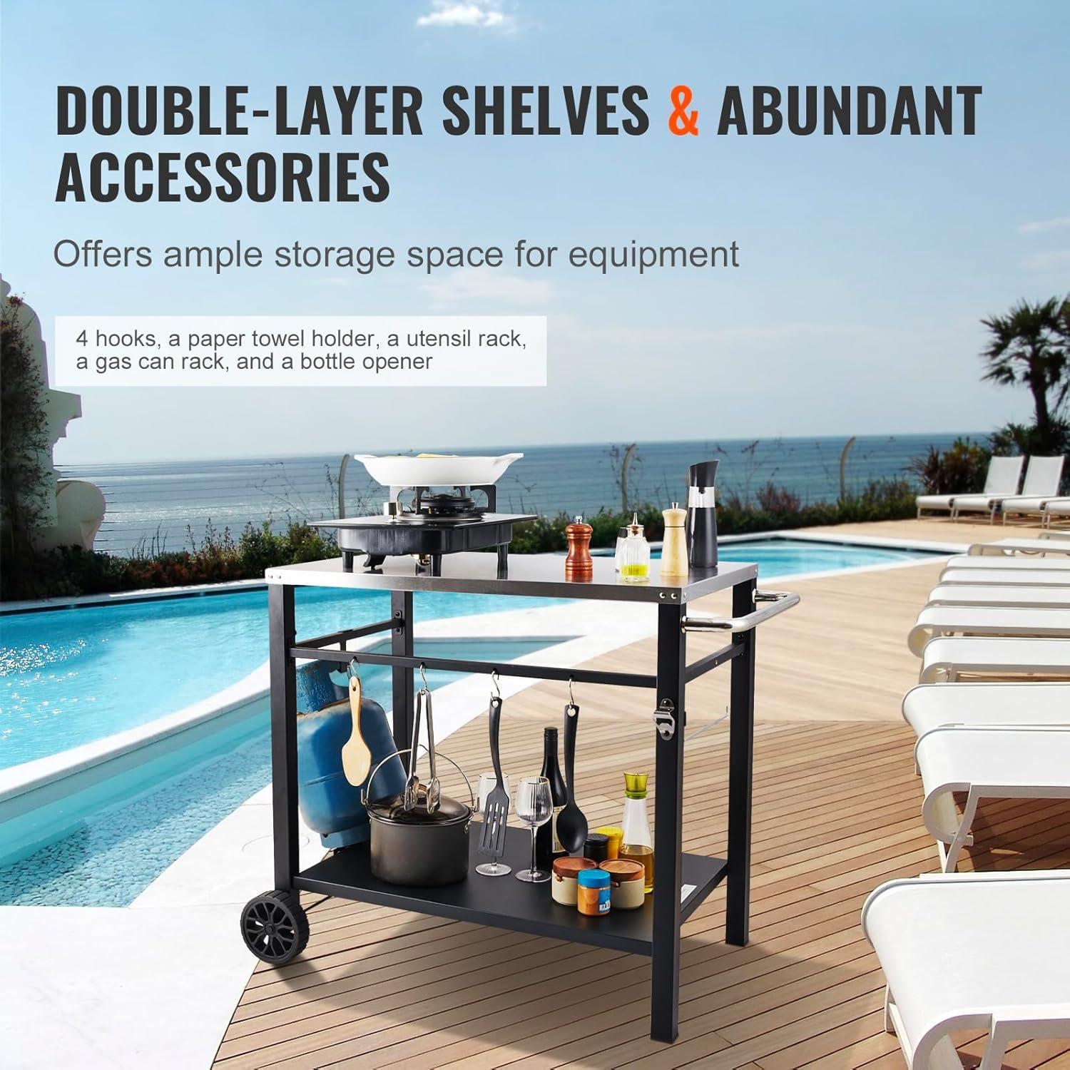 VEVOR Outdoor Grill Dining Cart with Double-Shelf, BBQ Movable Food Prep Table, Multifunctional Foldable Iron Table Top, Portable Modular Carts