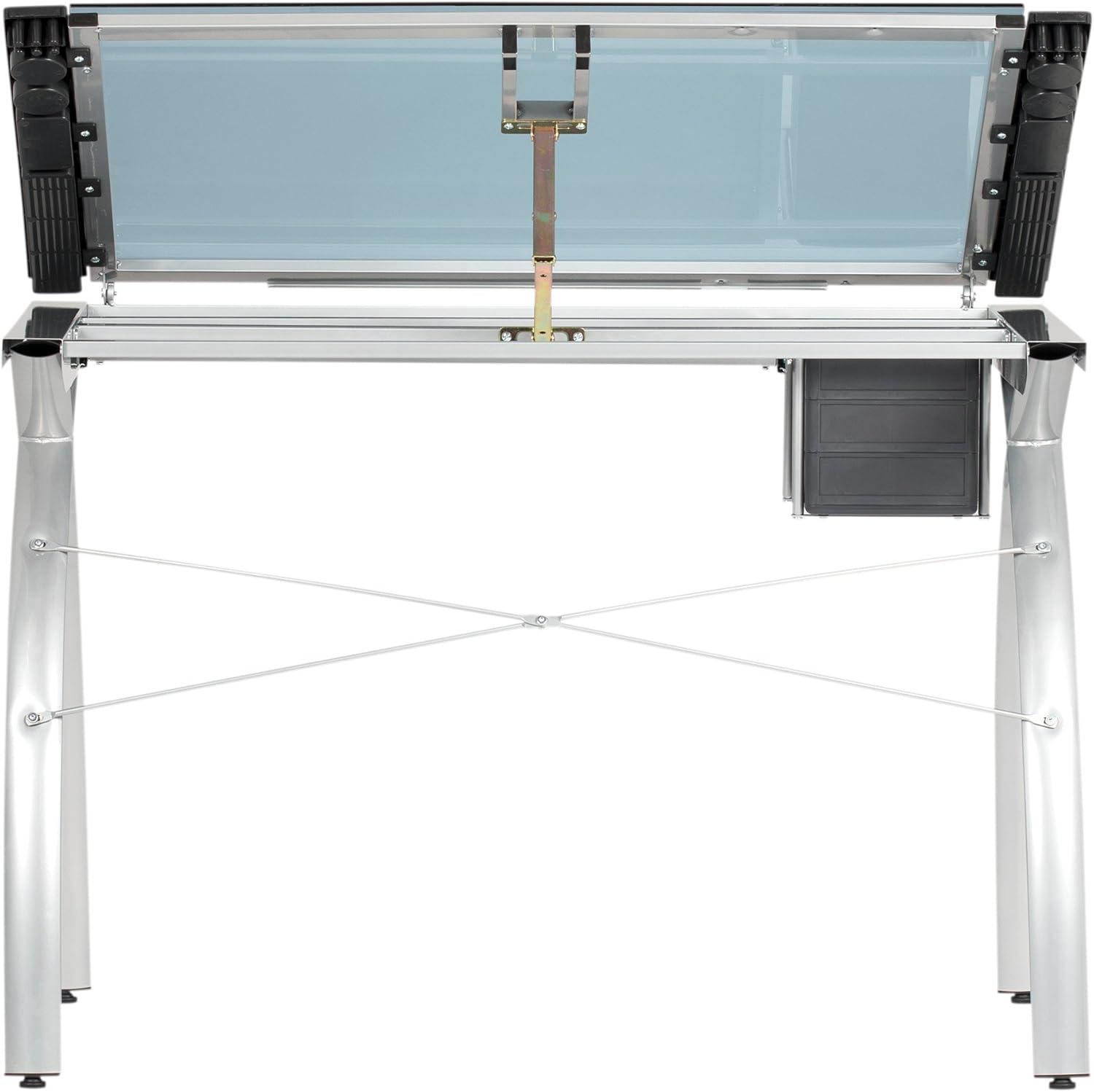 Studio Designs Futura Crafting, Drafting, Drawing Table with Adjustable Top, Silver/Blue Glass- Height 31.50 in.