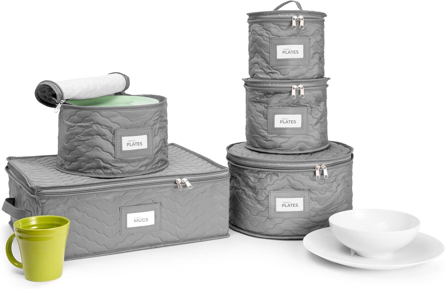 Gray Quilted 5-Piece Dinnerware Storage Set for 12