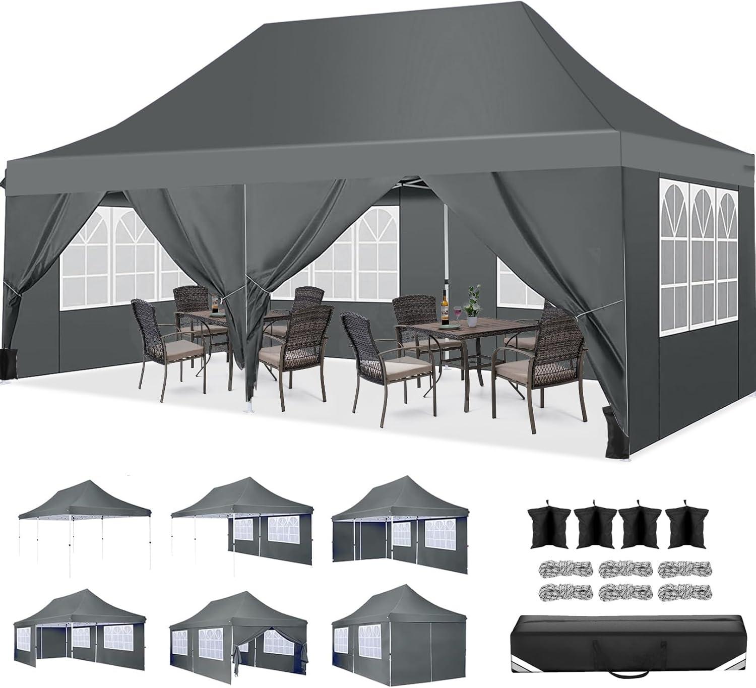 Gray 10x20 Waterproof Alloy Steel Pop-Up Canopy Tent with Sidewalls