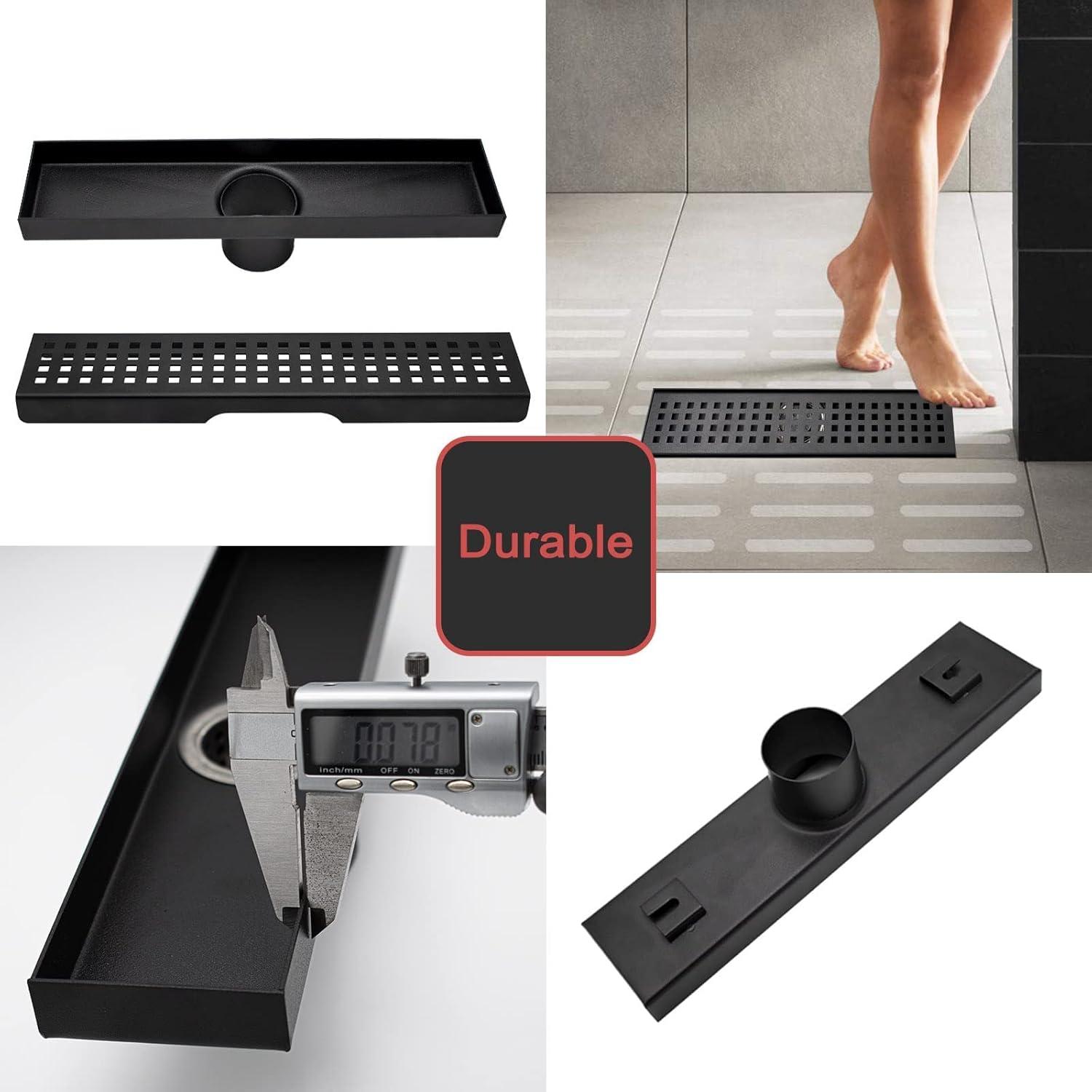 Black Shower Drain, Linear Shower Drain 12 Inch with Square Hole Panel, Matte Black Linear Drain with Hair Strainer and Leveling Feet