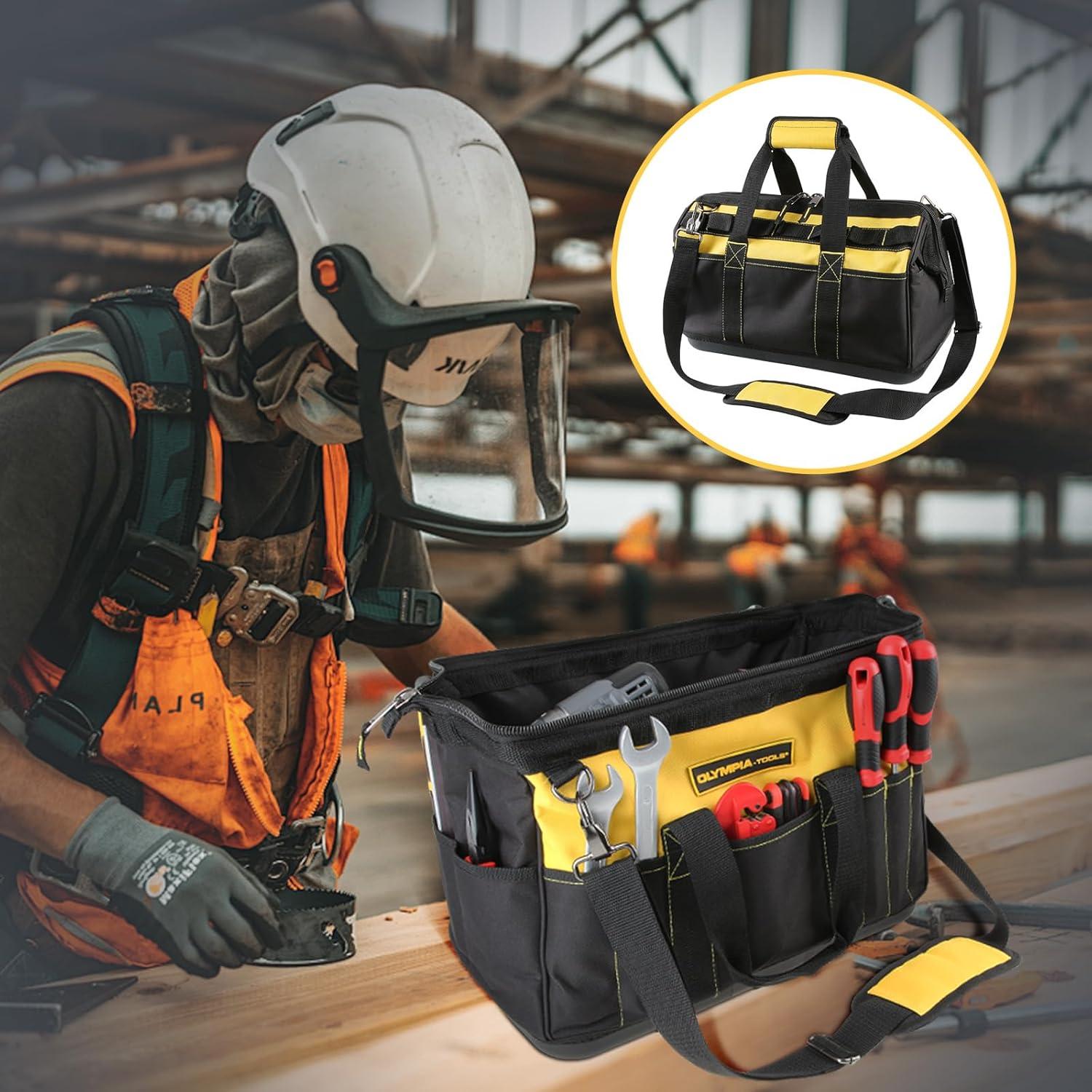 Olympia Tools 16 Inch Wide Mouth Tool Bag, Tool Tote with Water Proof Molded Base, Tool Bags for men with 21 Pockets and 7 Belt Loops, Padded Handle, Adjustable Shoulder Strap