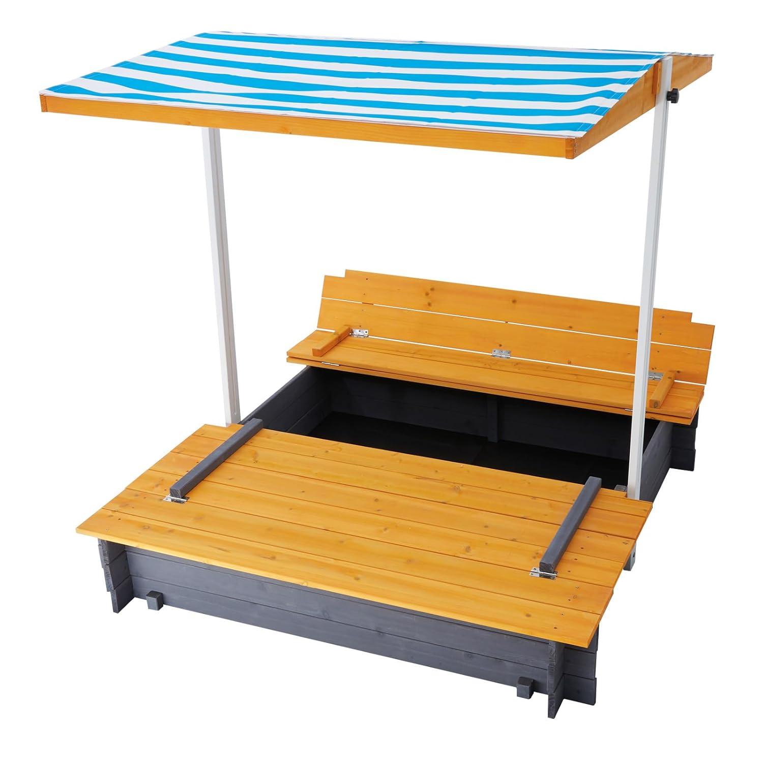 VEVOR Wooden Sandbox with Canopy, Sandpit with Foldable Bench Seats and Bottom Liner, Height Adjustable Roof, Gift for Ages 3-12 Years Old Backyard Garden Easy Assembly (57.3 x 47.2 x 47.2in)