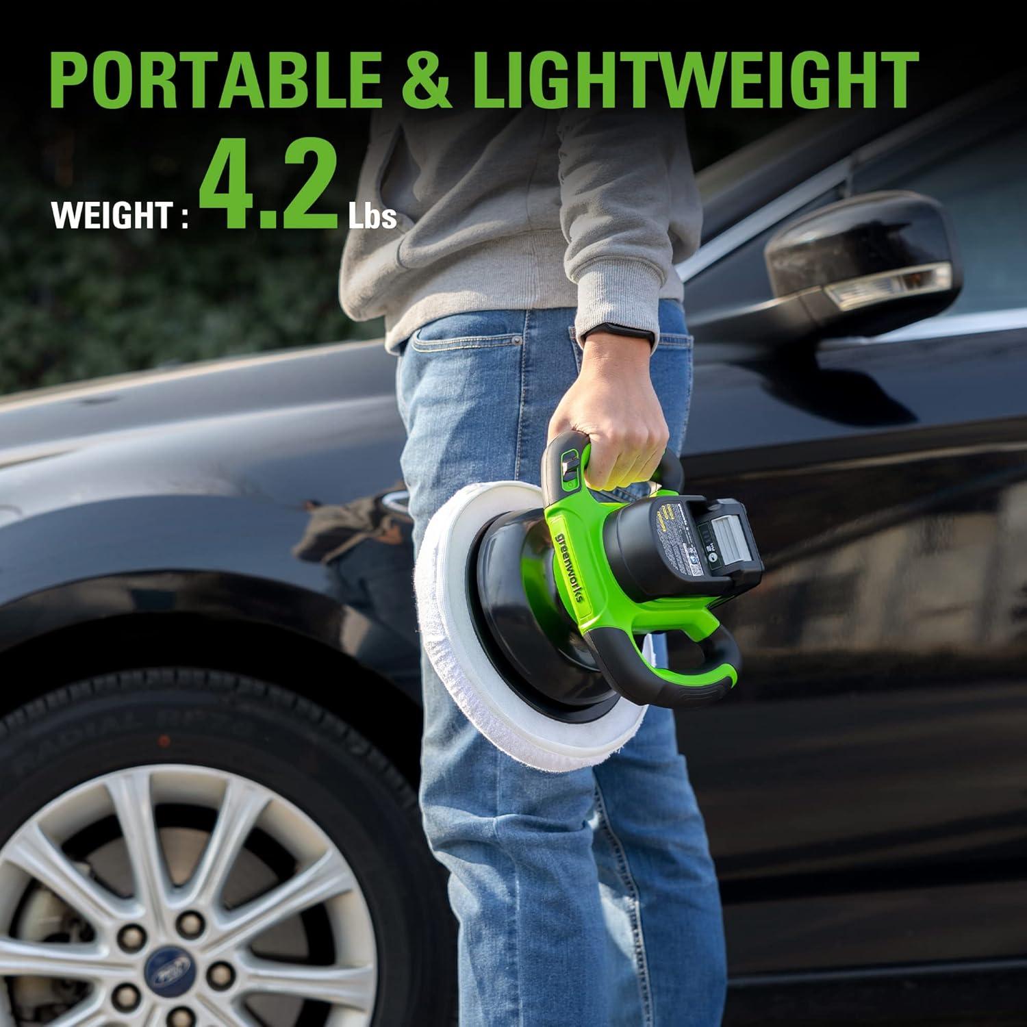 Greenworks 24V Powerful 10" Cordless Orbital Buffer, 10-inch pad 2800 RPM waxing machine with 4 Buffing Bonnets, 2.0Ah Battery & 2A Charger included