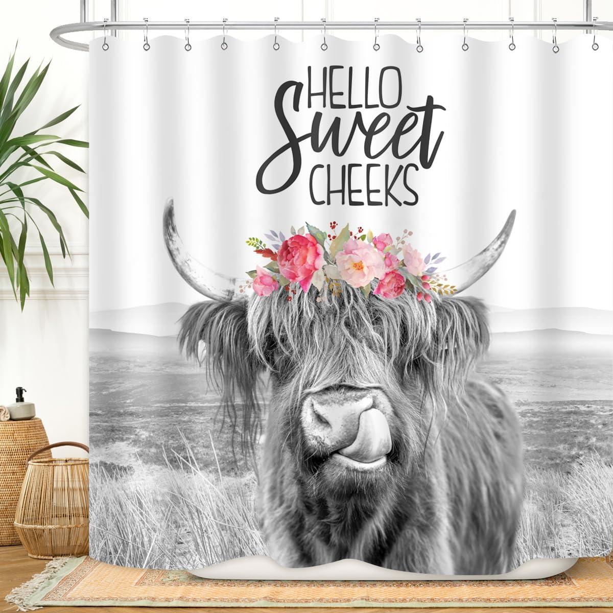 Farmhouse Highland Cow Shower Curtain Wildlife Bull Cattle Western Farm Grassland Vintage Rustic Animal Country Home Bathroom Decor Waterproof Fabric 72Lx72W Inch with Plastic 12PCS Hooks