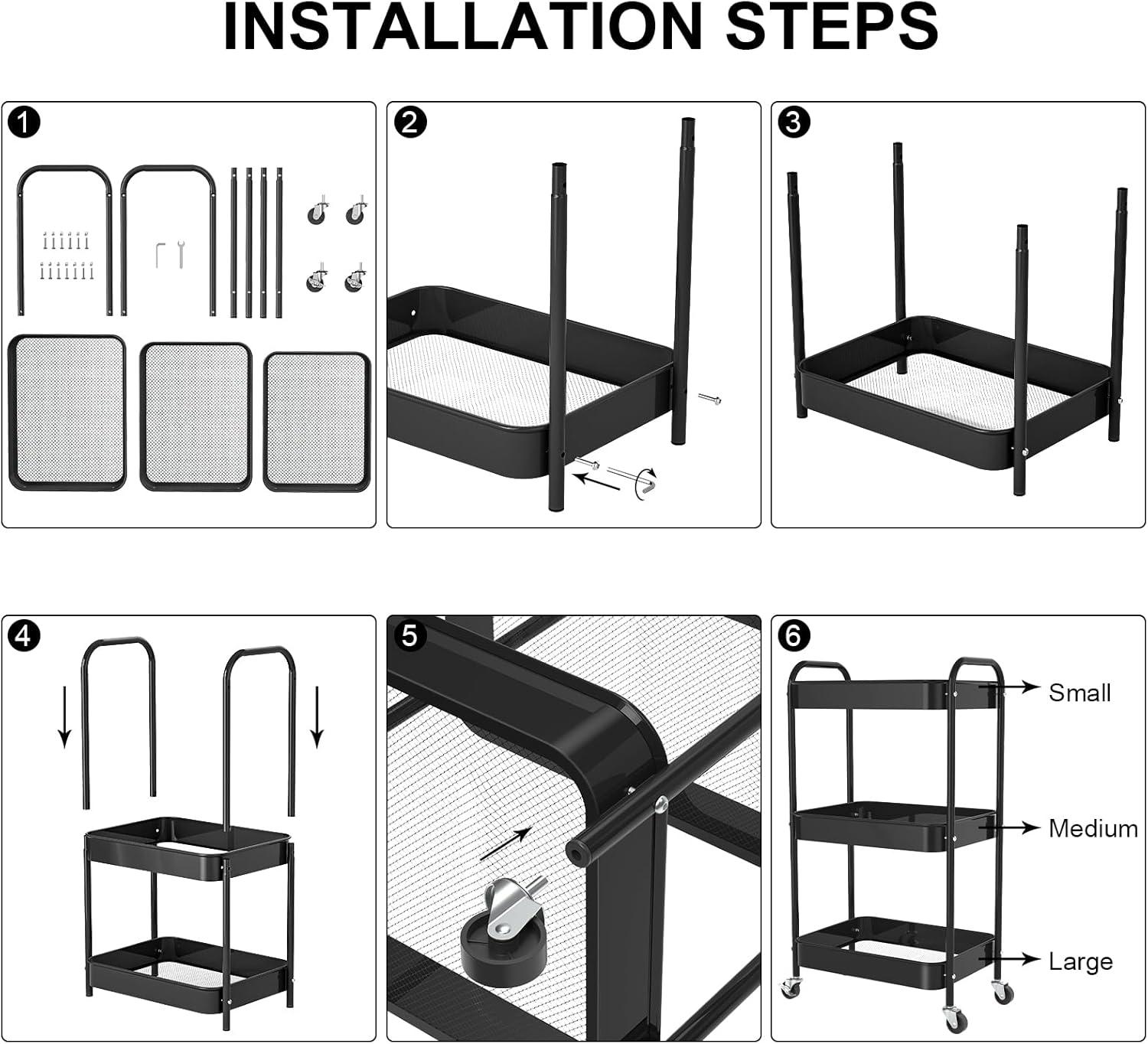 Black 3-Tier Metal Rolling Storage Cart with Wheels