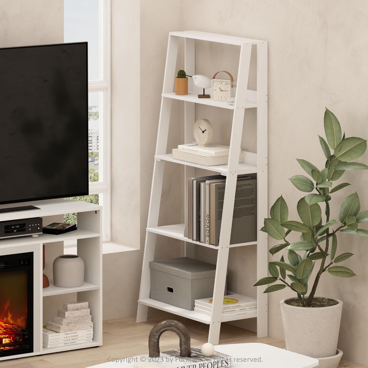 Furinno Ladder Bookcase Display Shelf, 5-Tier, White