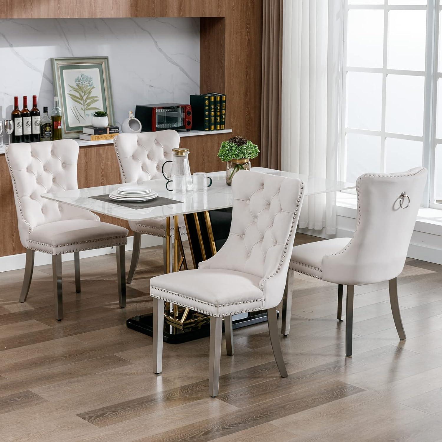 ODUSE-DAILY Beige Velvet Dining Chairs Set of 4, Kitchen & Dining Room Chairs, Tufted Dining Chairs, FabricUpholstered, Solid Wood, Sillas De Comedor (Beige, 4 Pcs)