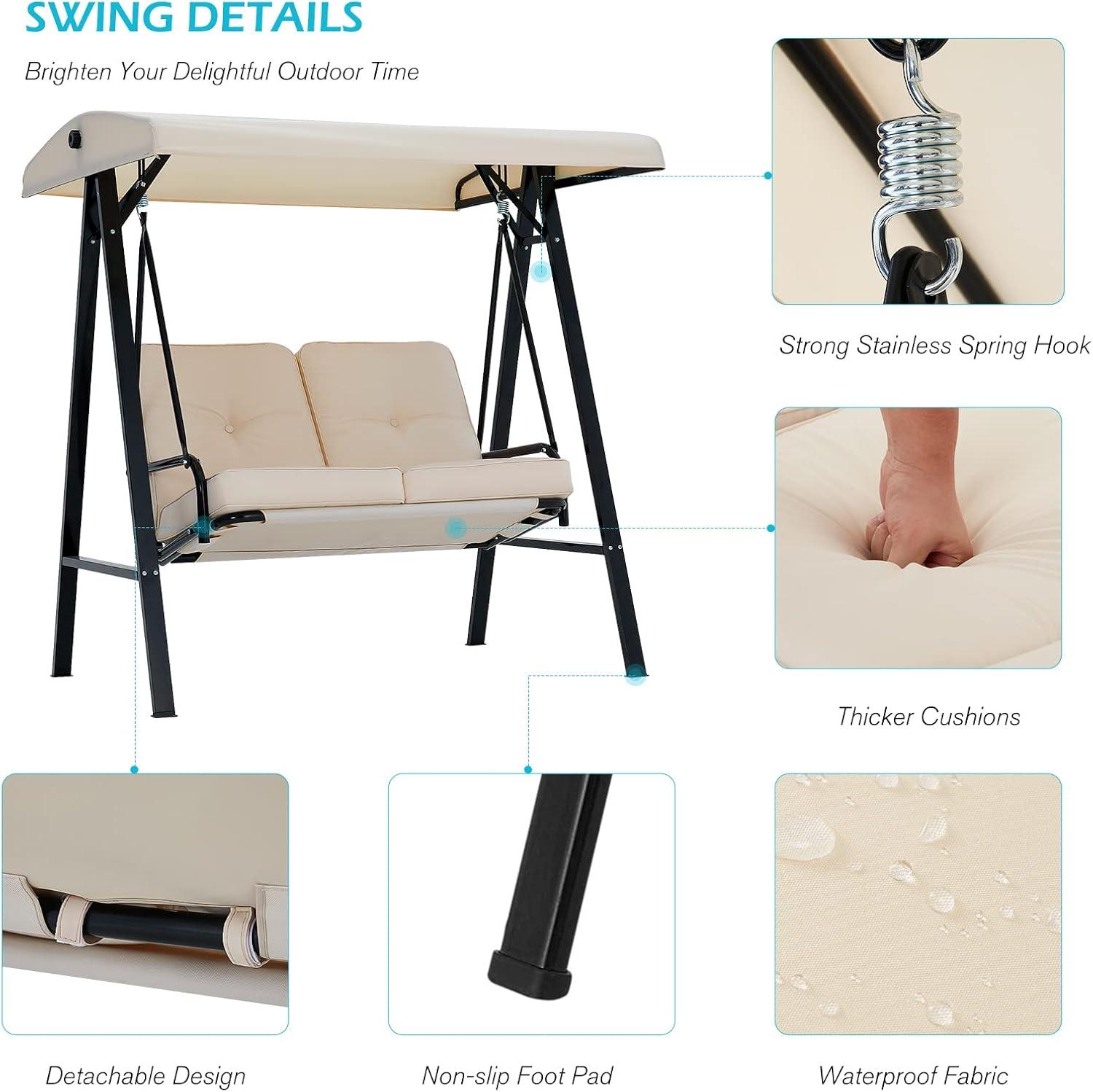 AECOJOY 2-Seat Porch Swing Chair, Patio Swing Chair w/ Cushions Beige