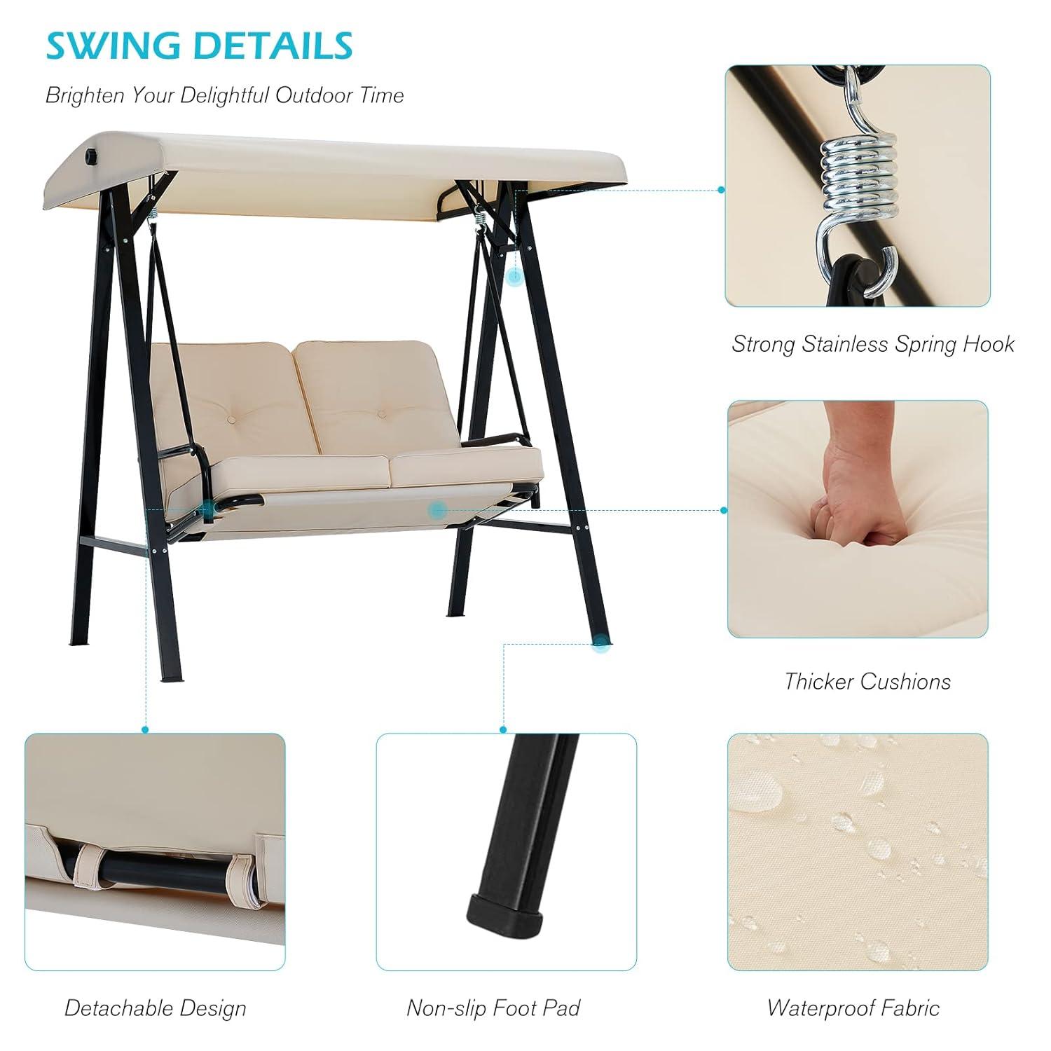 AECOJOY 2-Seat Porch Swing Chair, Patio Swing Chair w/ Cushions Beige