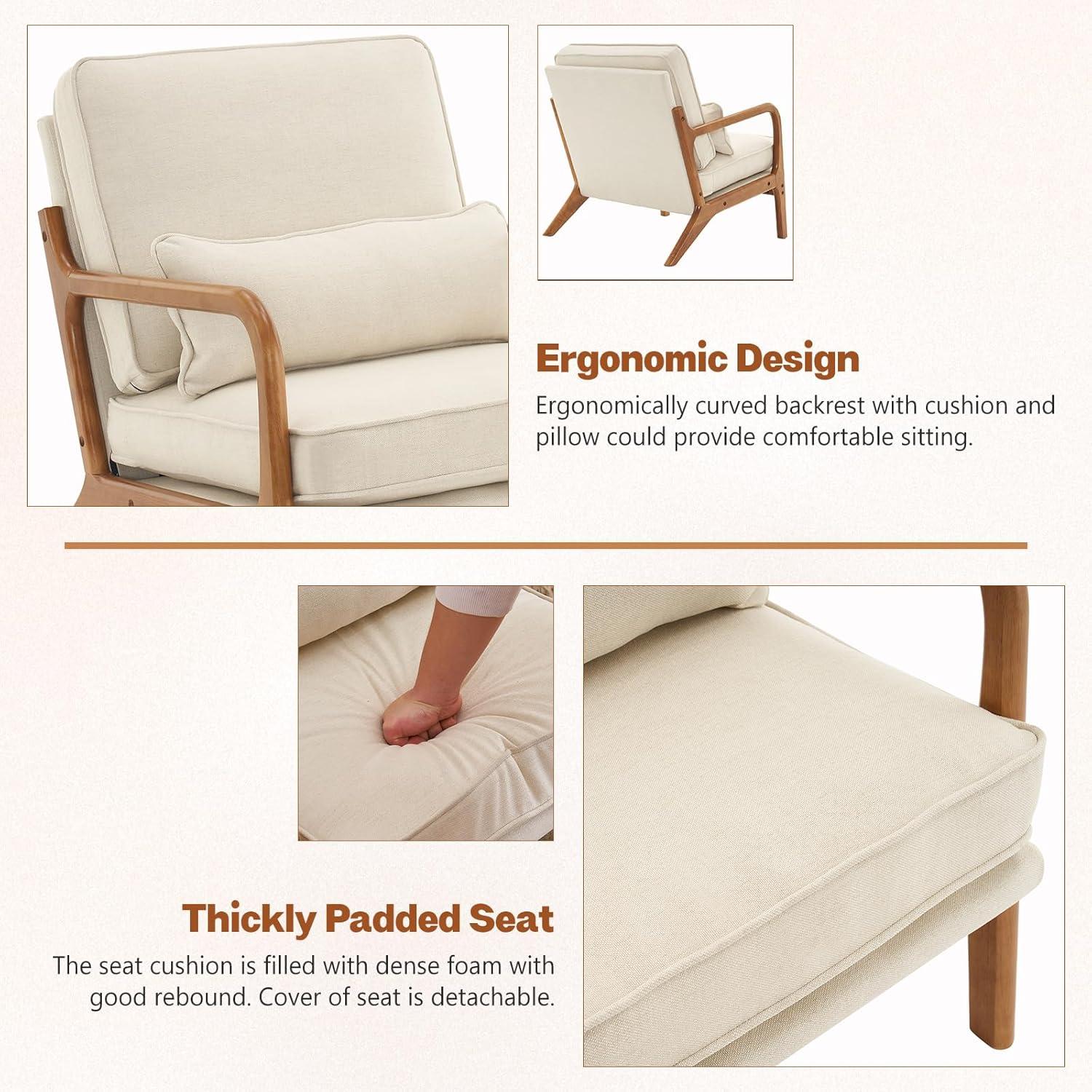 JULY'S SONG Mid-Century Wood Upholstered Fabric Solid Print Armchair, Beige (Set of 2)
