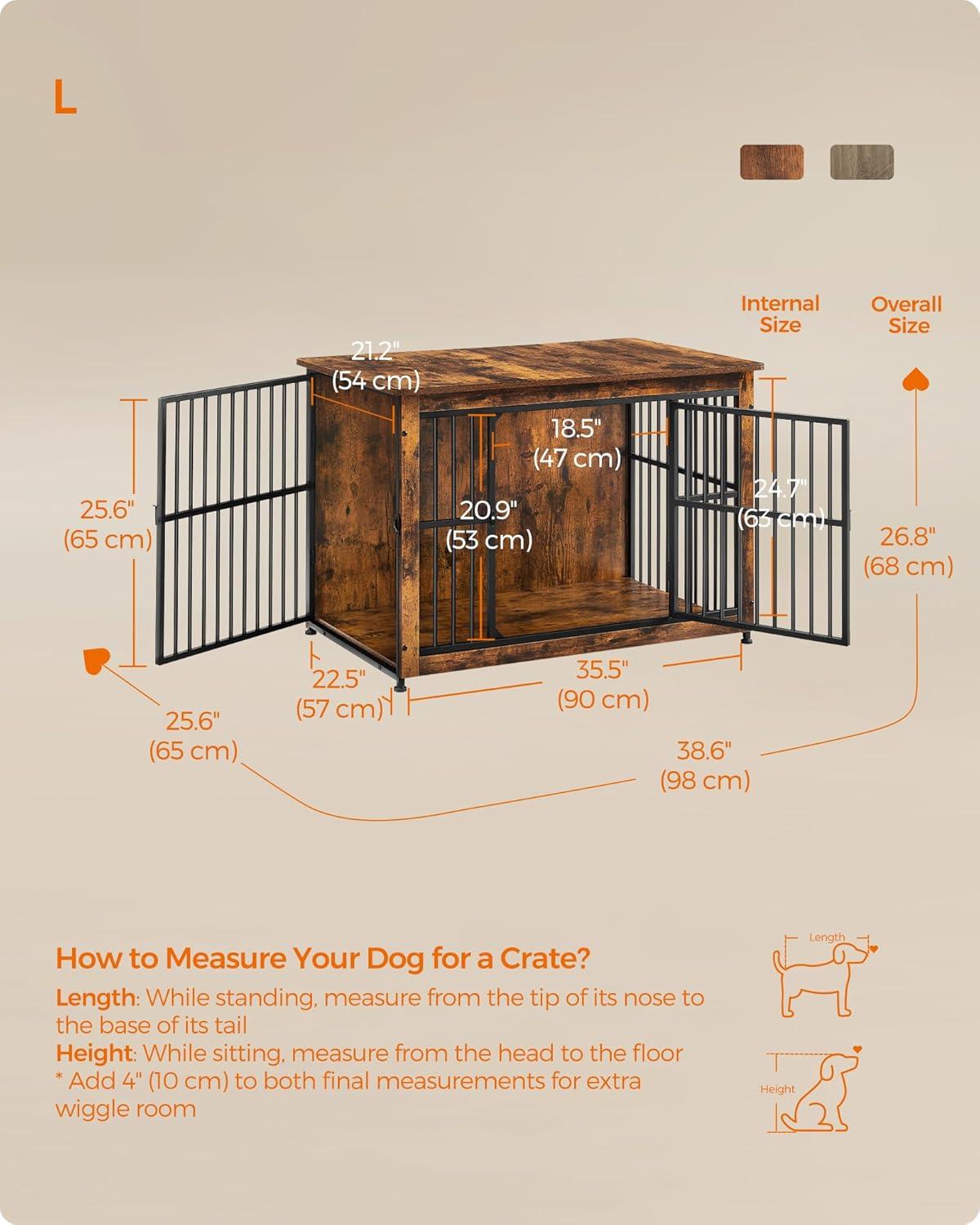 Feandrea Dog Crate Furniture, 38 Inches Dog Kennel for Dogs up to 70 lb, with Removable Tray, Heavy-Duty Dog Cage End Table, Double Doors Dog House, Rustic Brown UPFC013X01