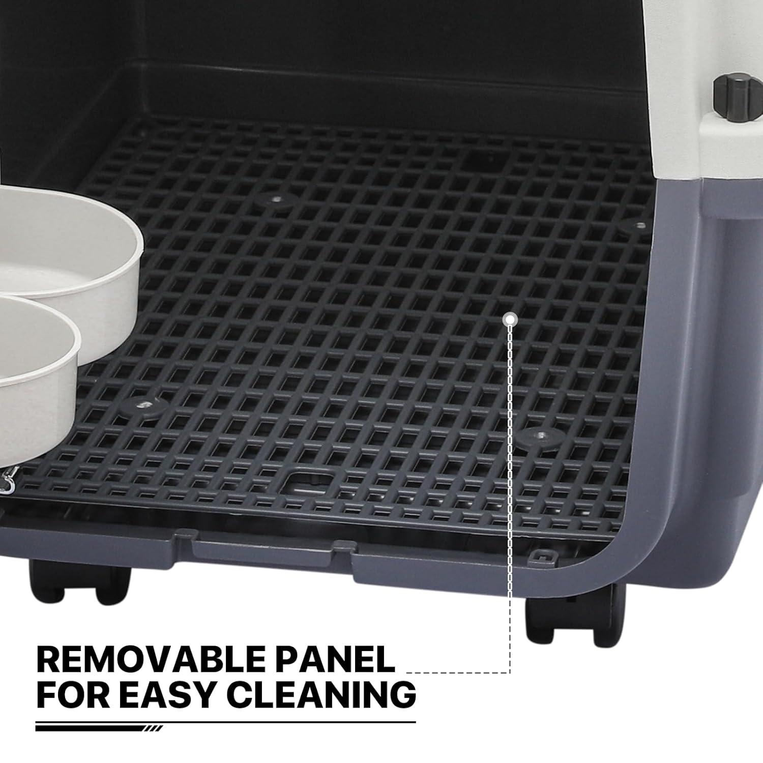 MoNiBloom Jaula Transpirable para Mascotas de 27 Pulgadas, Caja de Transporte, Perrera de Viaje para Perros con Tazones y Ruedas para Gatos y Gatitos, Aprobada por Aerolíneas, Blanco/gris