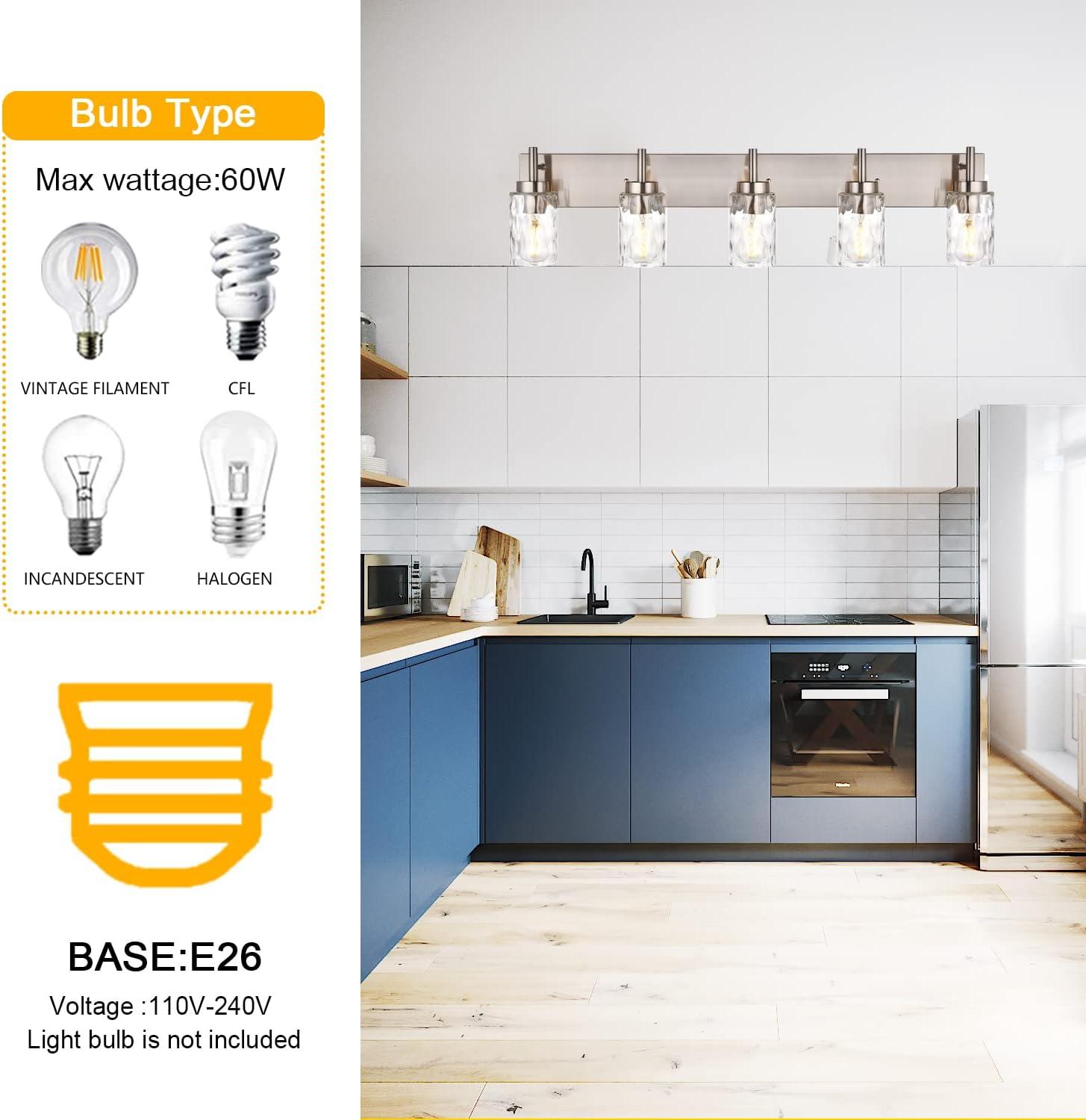 BONLICHT Transitional Vanity Lighting Fixtures Brushed Nickel with Clear Hammered Glass Shade,Farmhouse 5 Light Bathroom Lights Wall Sconces Contemporary Indoor Wall Mount Lights for Kitchen Sink