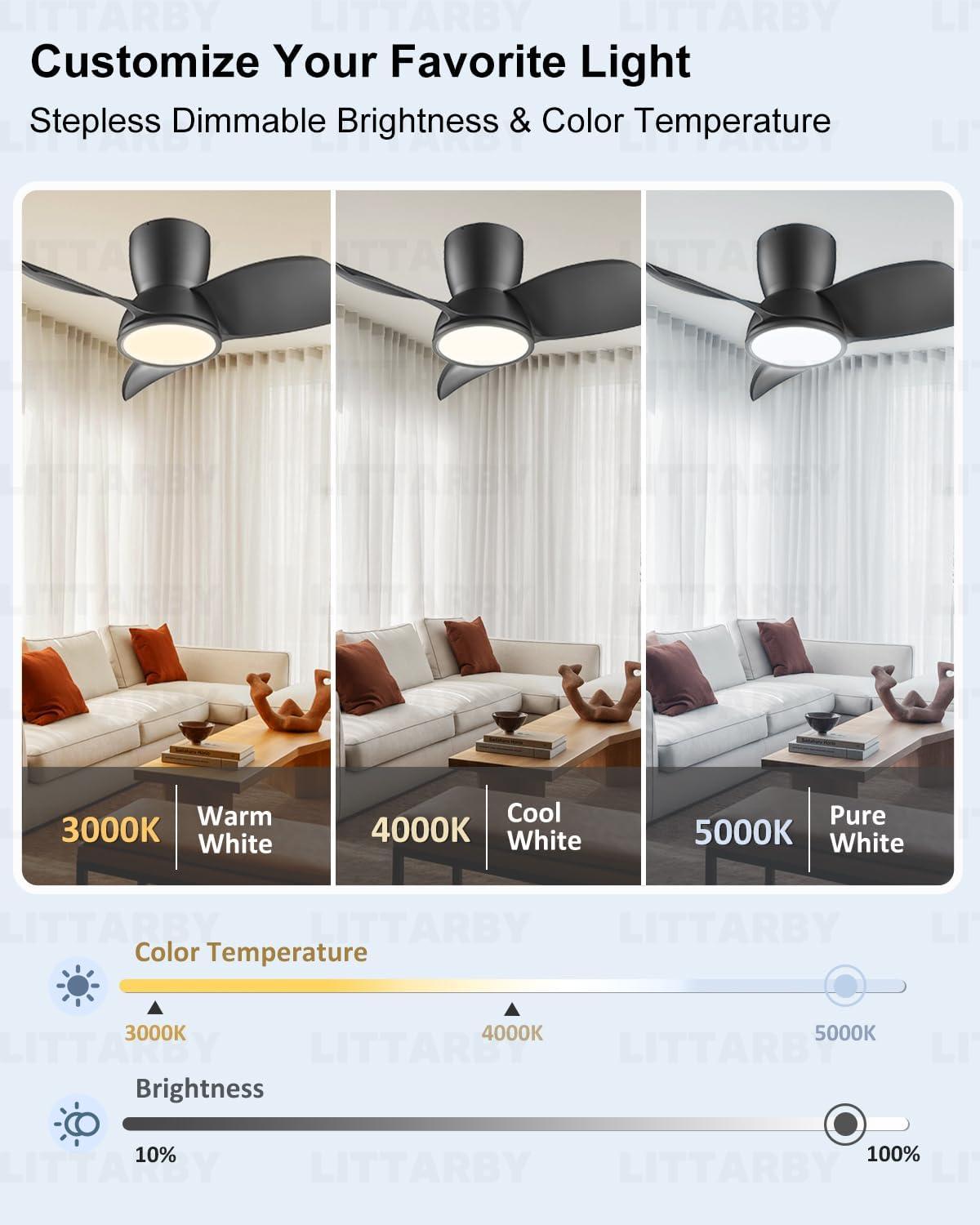 Ceiling Fans with Lights and Remote, 24 Inch Reversible Black Modern Dimmable 3CCT Flush Mount Ceiling Fans, Small Low Profile Ceiling Fan with Light for Bedroom, Kitchen, Living/Kids/Dining Room