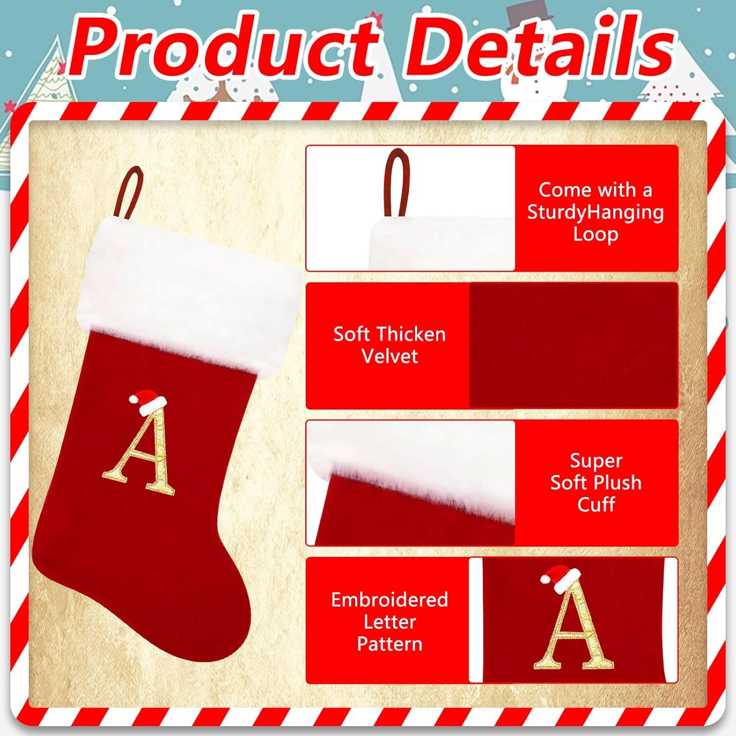 20inch Monogram Christmas Stockings Letter Red Velvet with White Super Soft Plush Cuff Embroidered Xmas Stockings Classic Personalized Stocking Decorations for Family Holiday Season Decor