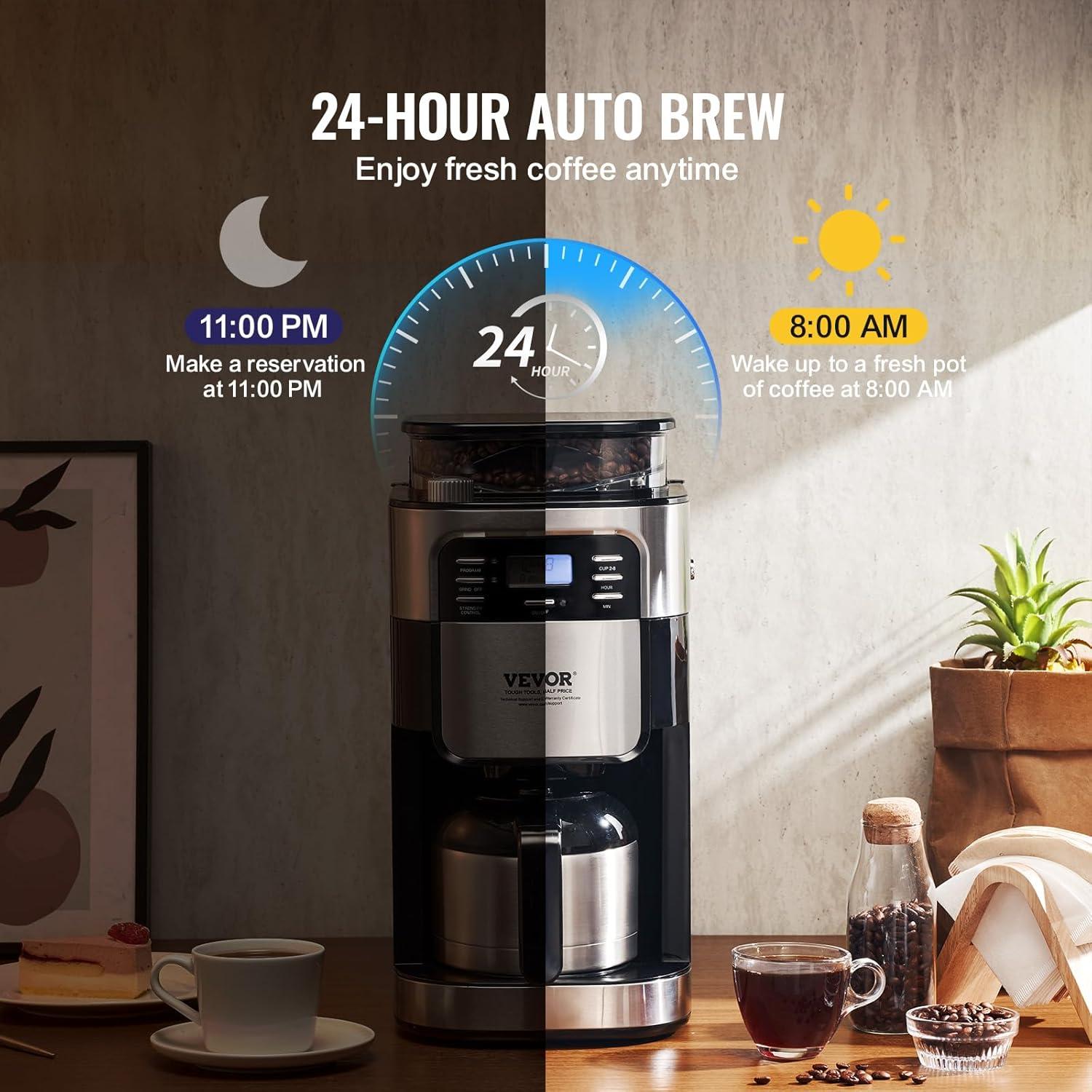 Grind and Brew Coffee Maker Machine, 8 Cup Capacity with 3 Brew Strength Options, Built in Timer for Auto Morning Brew, Ideal for Office Home Cafe, Black