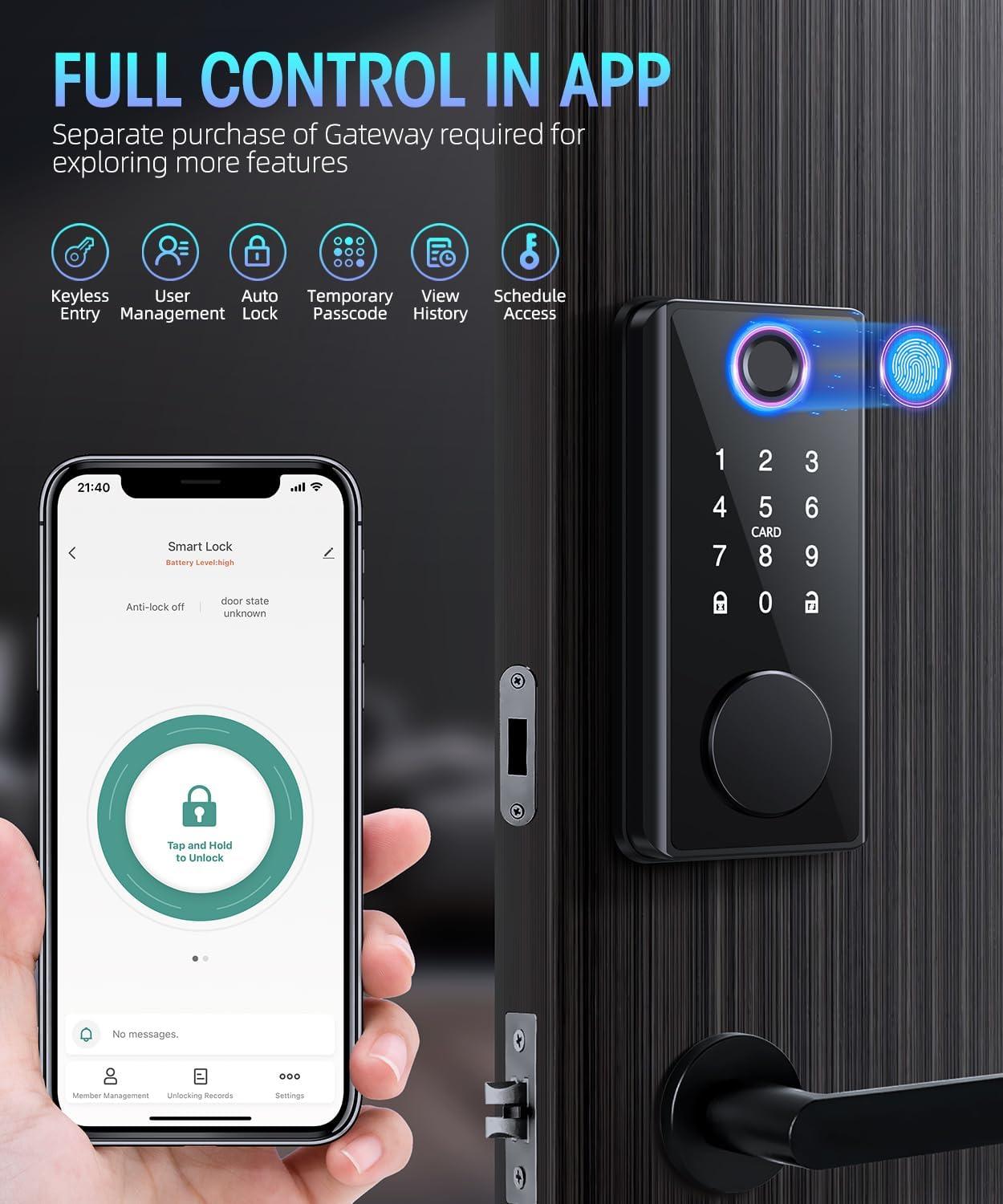 Tilvision Fingerprint Door Lock,Keyless Entry Deadbolt with App Control,Touchscreen Keypad - Auto Lock & IP65 Waterproof - Smart Door Lock for Front Door,Home,Office