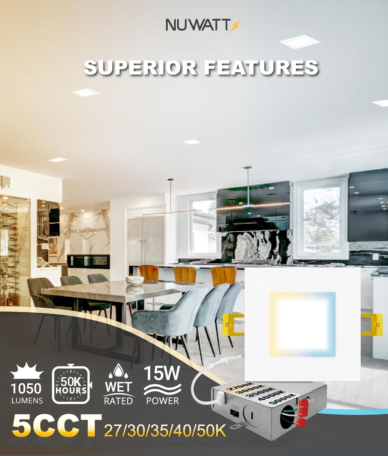 NUWATT 6 Pack 6 Inch Square Ultra-Thin LED Recessed Lighting, Selectable 2700K/3000K/3500K/4000K/5000K, High Brightness 1050 Lumens Dimmable, White Canless Slim Wafer Light, IC Rated, Metal J-Box