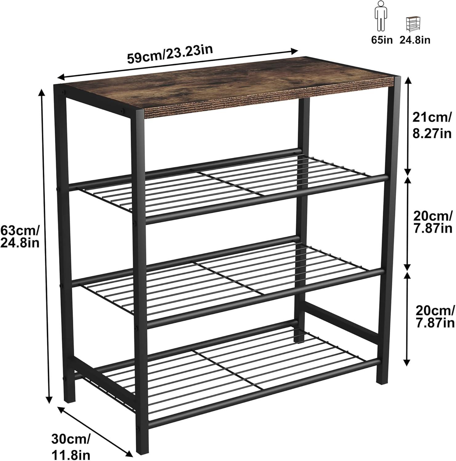 Rustic Brown 4-Tier Metal Shoe Rack with Wood Finish