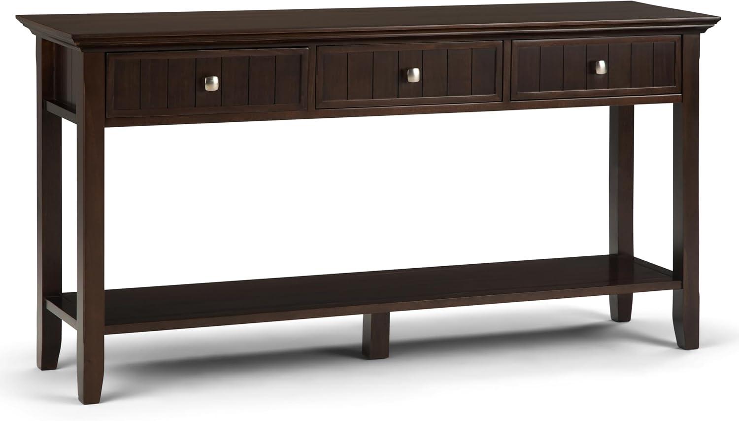 Simpli Home Acadian 60"W Solid Wood Wide Storage Console Table in Brunette Brown with Three Drawers and Open Shelf