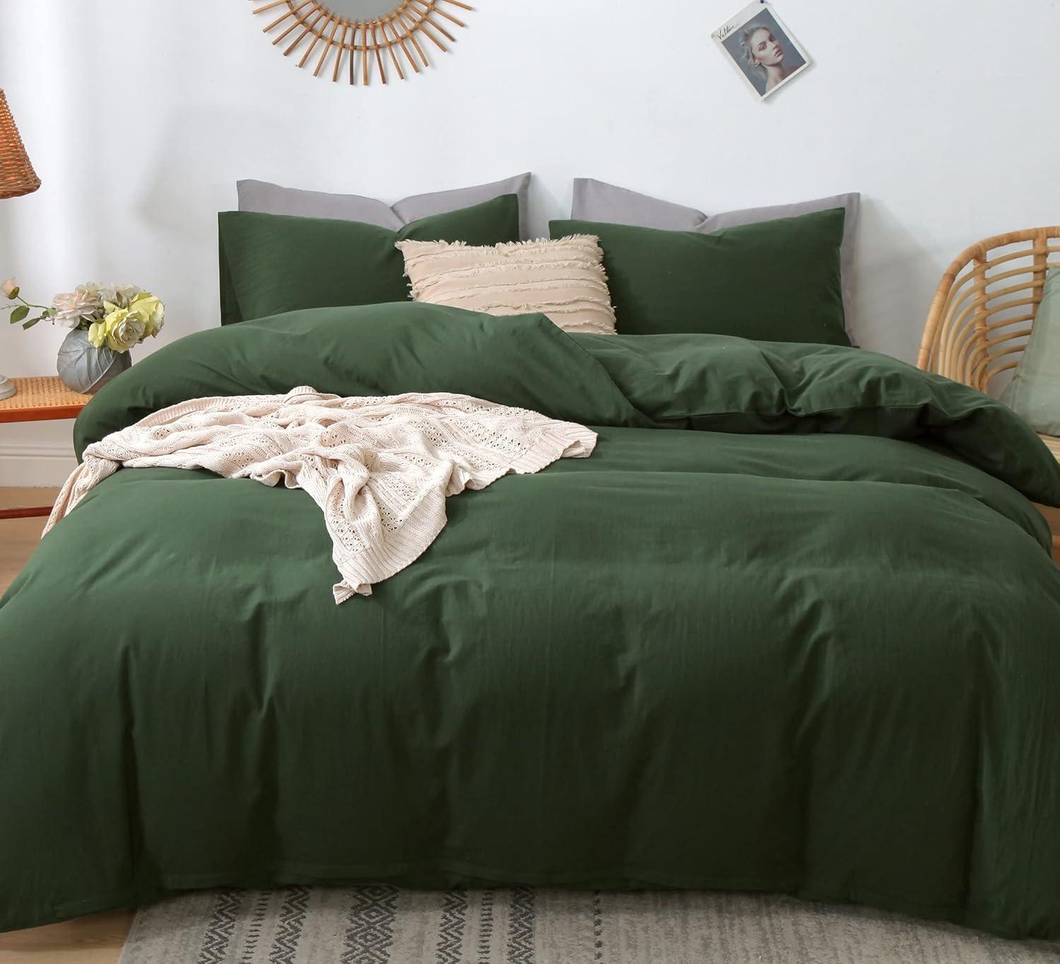 MooMee Duvet Cover Set 100% Washed Cotton Linen Like Textured Breathable 3 Piece (Forest Green, Queen)