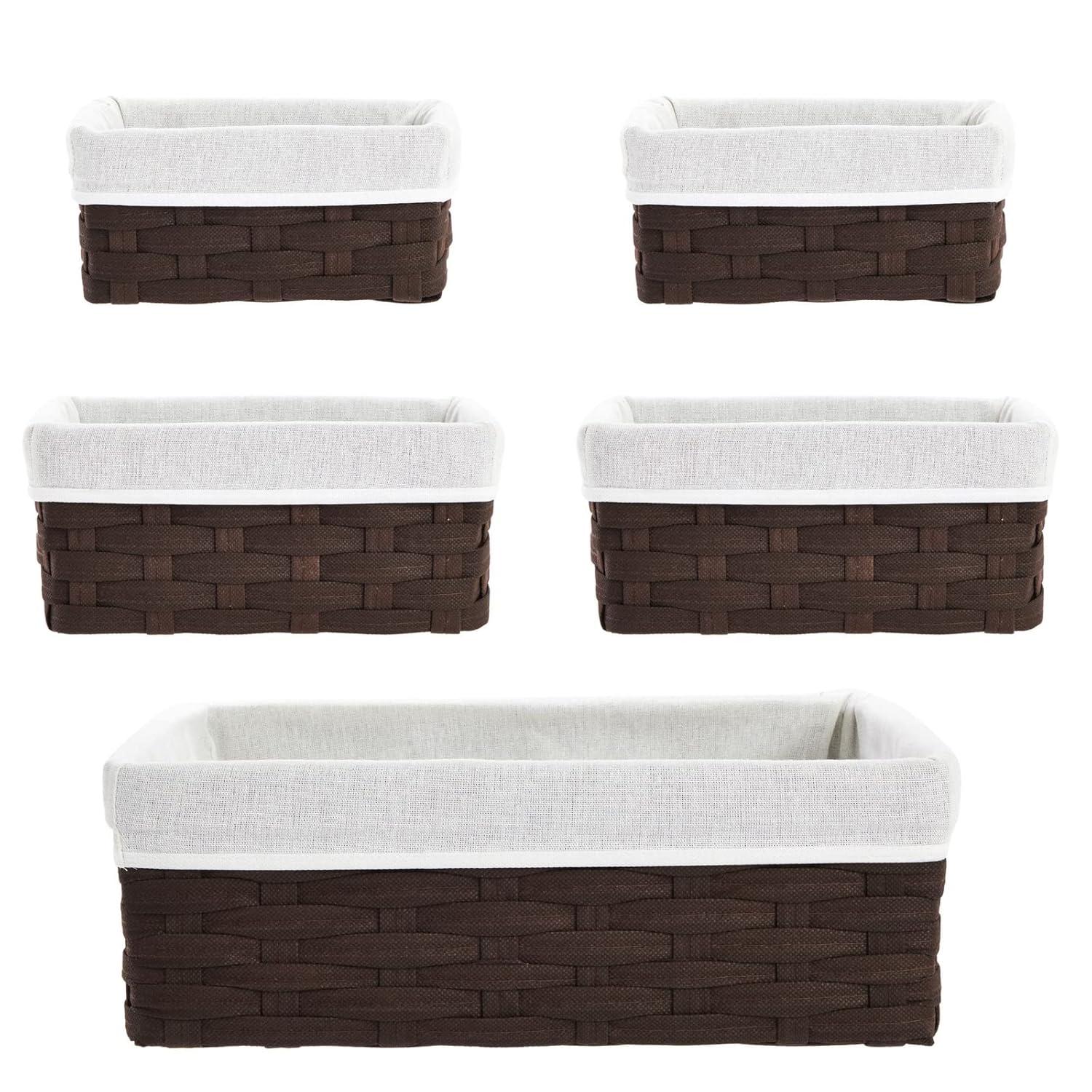 5 Pack Wicker Nesting Baskets with Cloth Lining for Pantry Shelves, Rectangular Storage Bins for Organizing Closet (Brown, 3 Sizes)