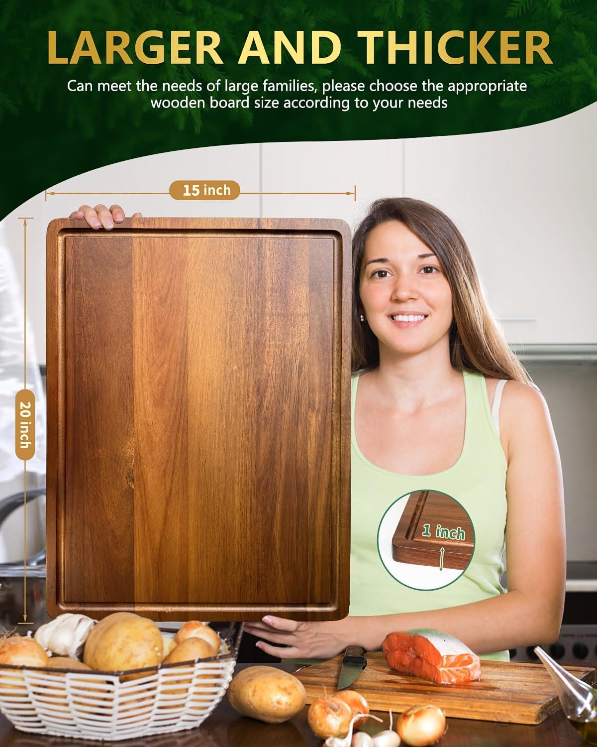 Tzou Large Wood Cutting Board with Premium Edge Grain Construction, Thick Sustainable Butcher Block with Juice Groove, 100% Organic Wood Chopping Board 20*15*1.5 inch