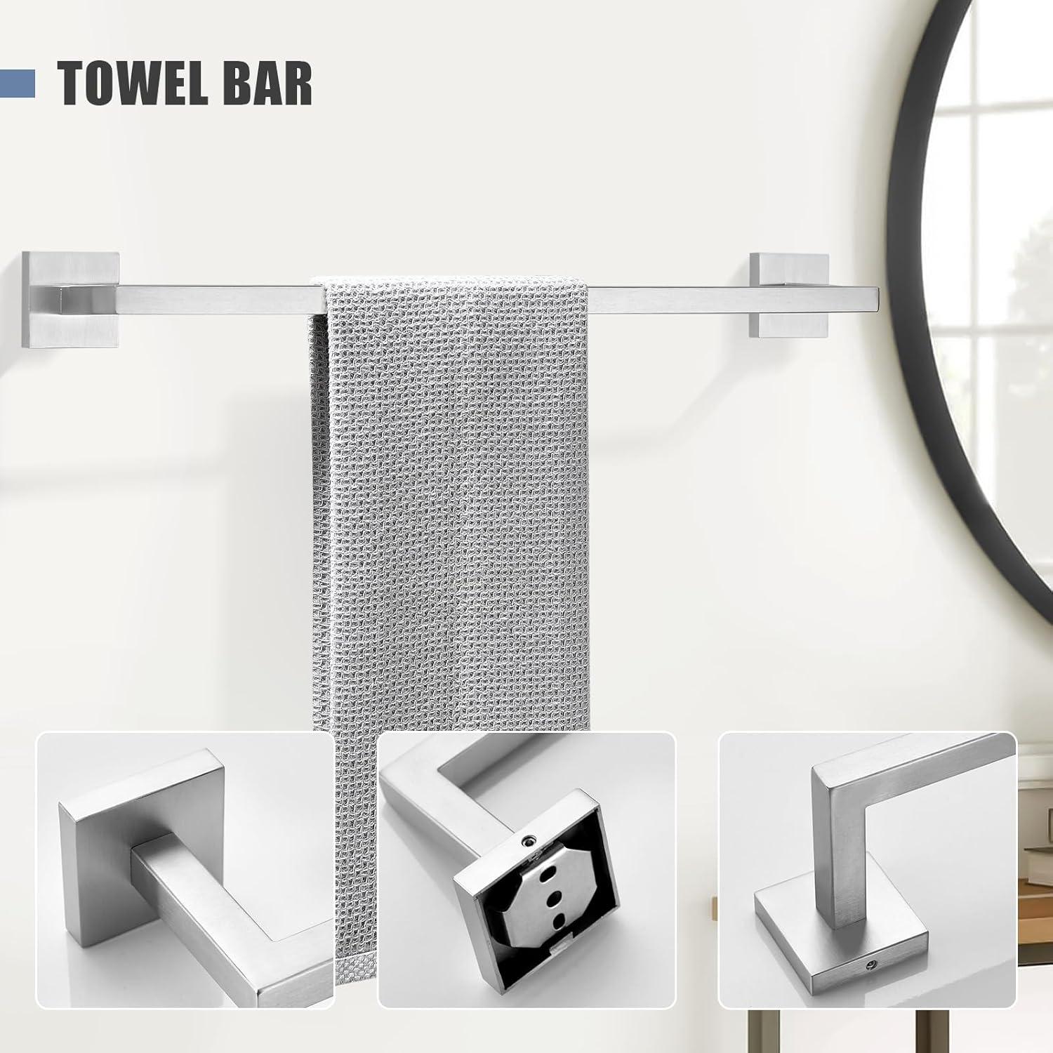 Brushed Nickel Towel Bar Rack Sets, 23.6 inch Bathroom Hardware Set 5-Piece Towel Bar Wall Mount Modern Bathroom Accessories Include Towel Rack,Toilet Paper Holder,2*Robe Hook