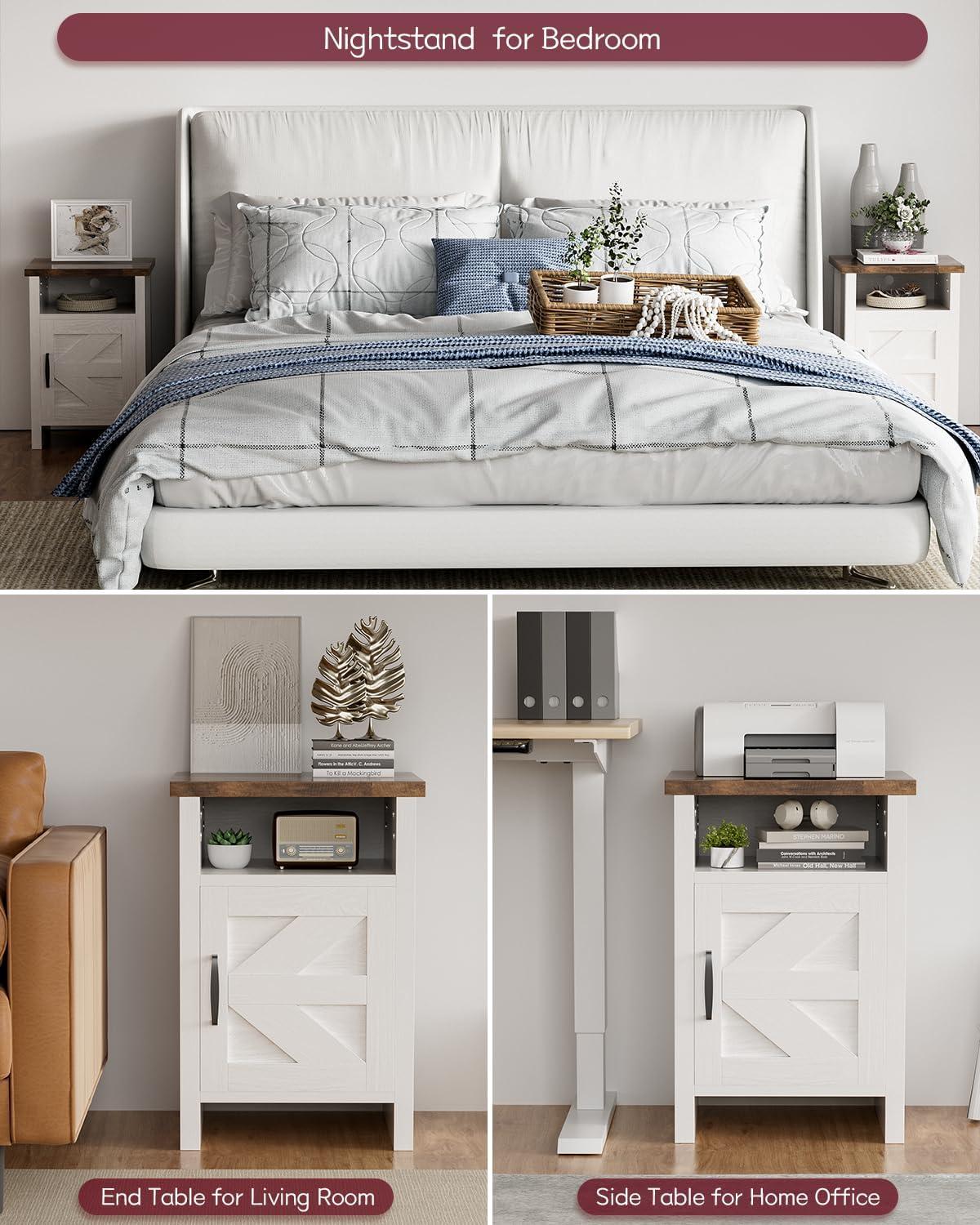 Wood Nightstands with Charging Station End Table Bedside Tables with Barn Door