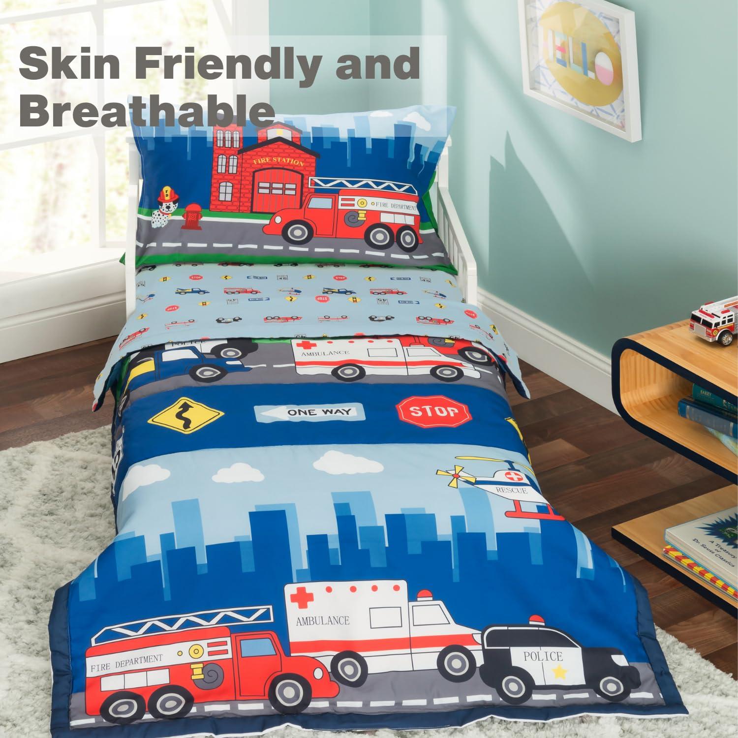 EVERYDAY KIDS 4 Piece Toddler Bedding Set -Fire and Police Rescue- Includes Comforter, Flat Sheet, Fitted Sheet and Reversible Pillowcase