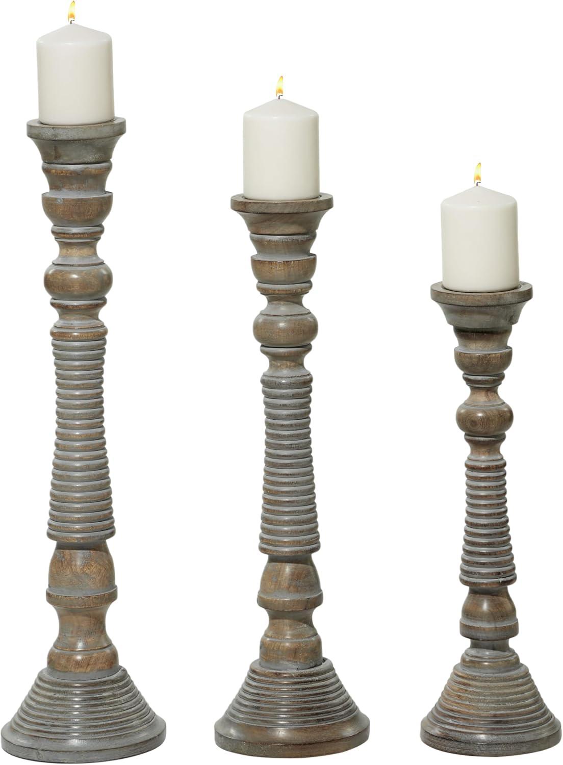 Mocha Brown Mango Wood Candlestick Trio with Gray Wash