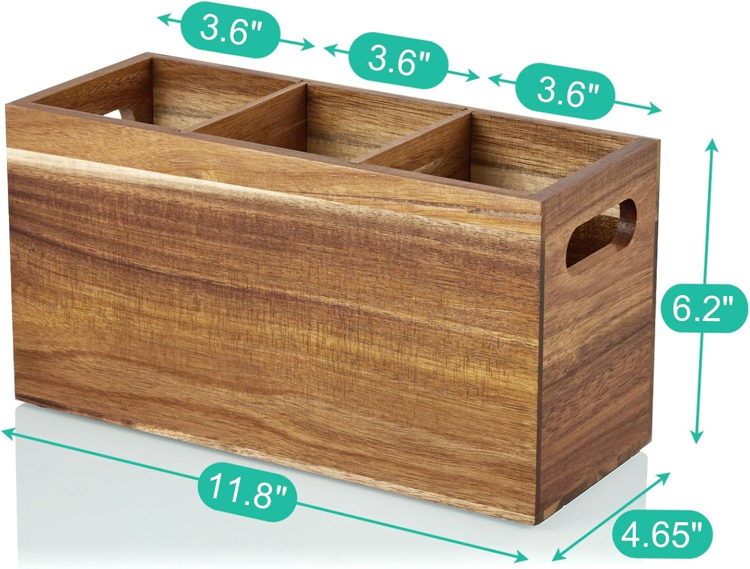 Wooden Utensil Holder for Kitchen Counter, Large Acacia Rustic Utensil Holder for Countertop with 3 Compartments, Wall Mounted Cooking Utensil Holder,