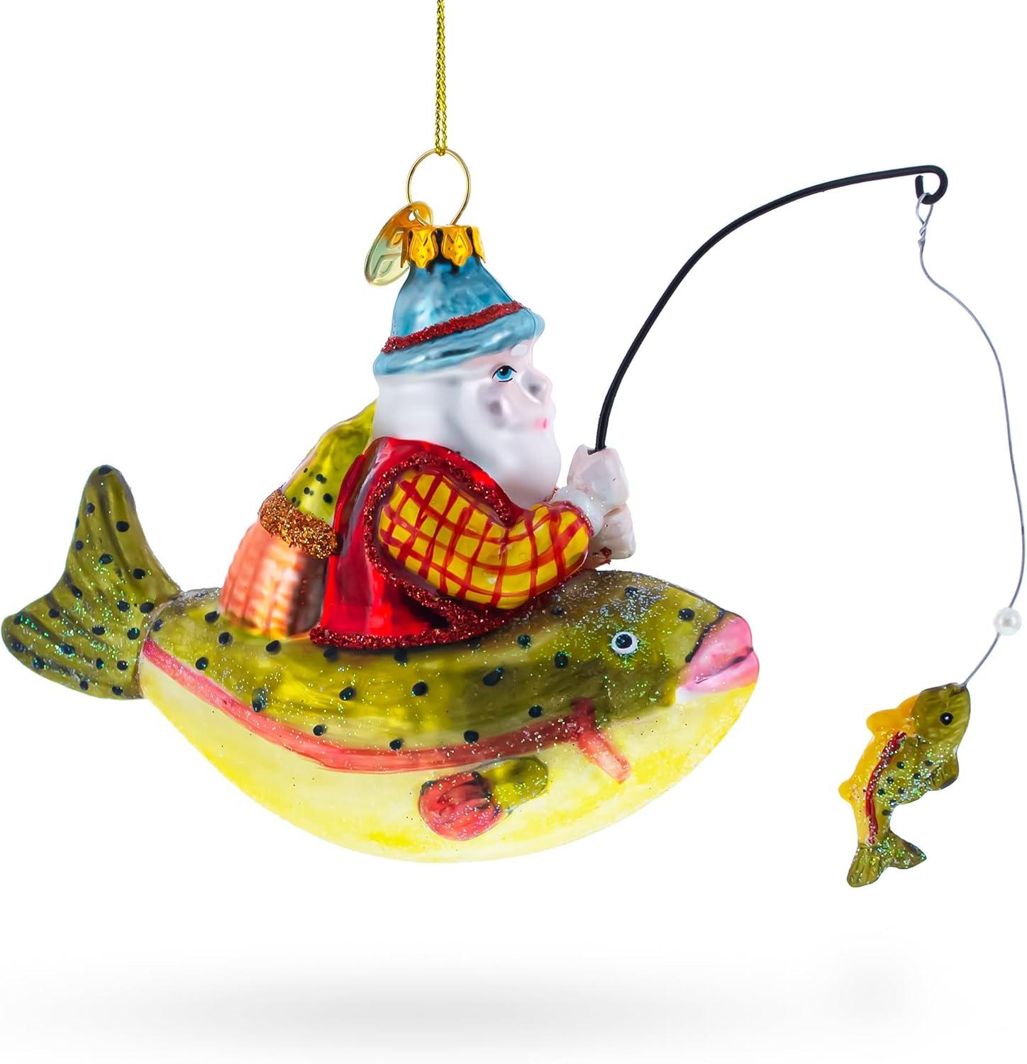 Santa Fishing on Boat Blown Glass Christmas Ornament