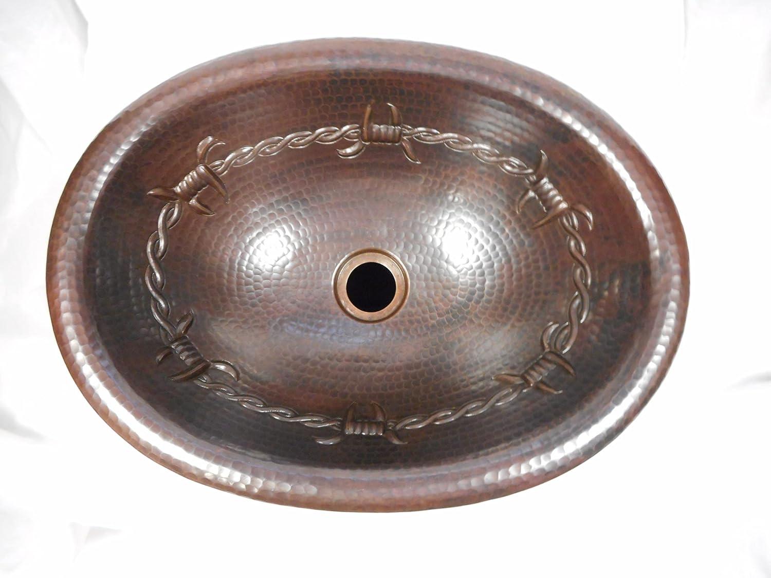 16" Oval Copper Bathroom Sink with Barbed Wire Design