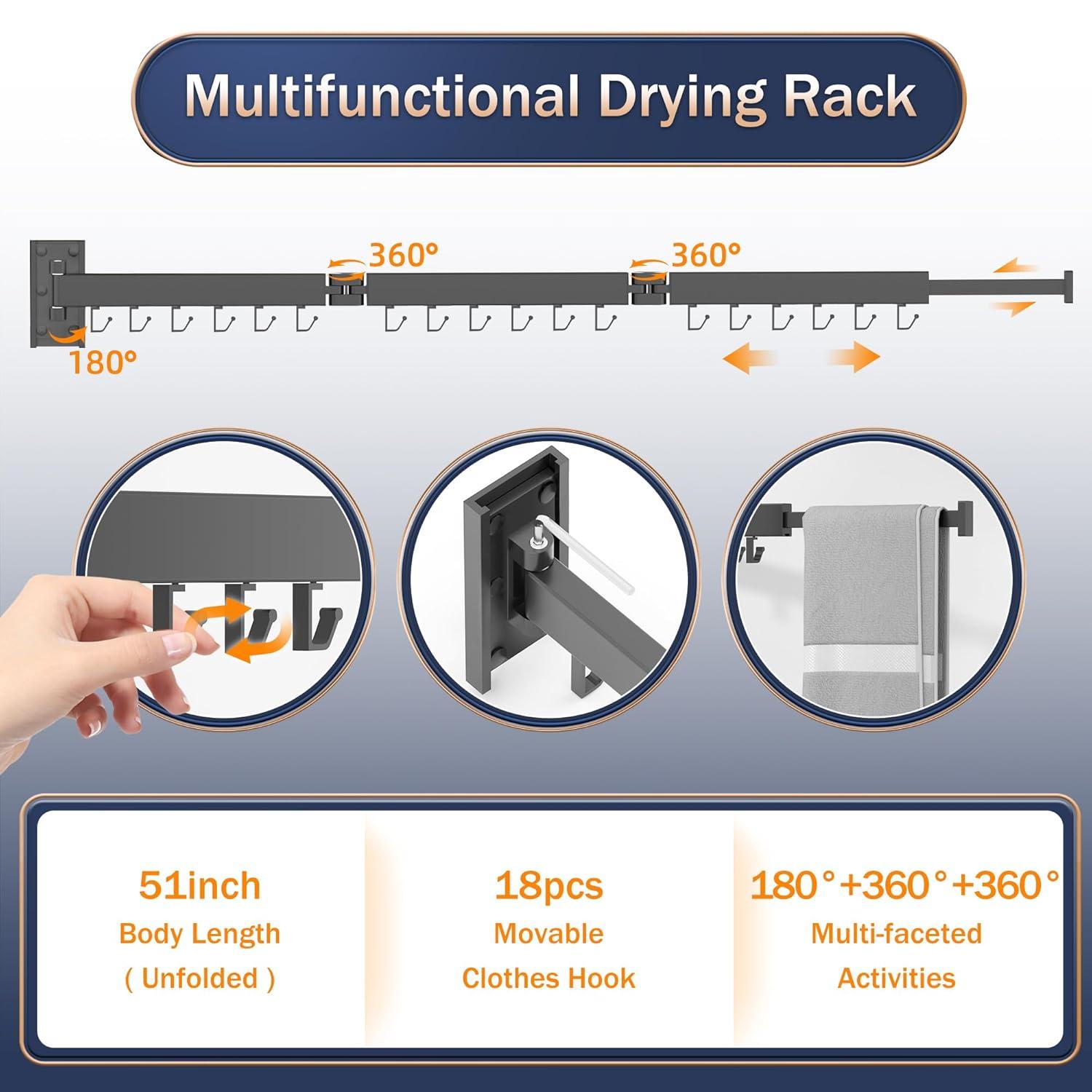 Clothes Drying Rack,Laundry Drying Rack Wall Mount, Space Saver Clothes Rack,Retractable,Collapsible(Tri-Fold), for Balcony,Laundry,Bathroom, Dark Grey Color,3z-g02