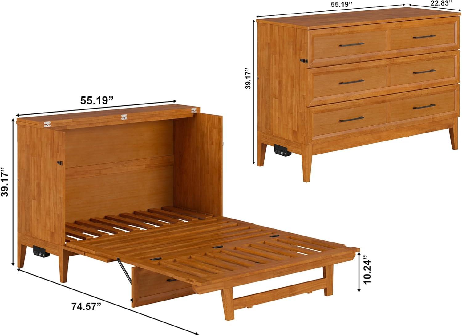 AFI Santa Fe Full Wood Murphy Bed Chest with Mattress and Built-in Charger, Light Toffee