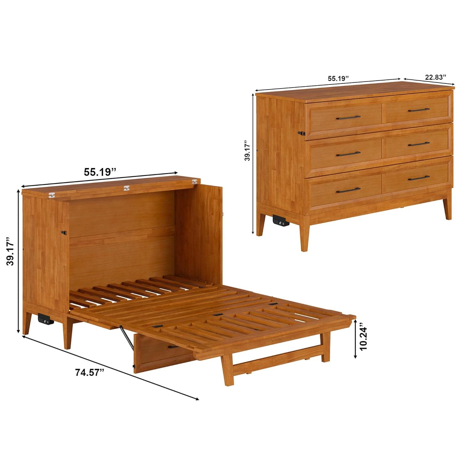 AFI Santa Fe Full Wood Murphy Bed Chest with Mattress and Built-in Charger, Light Toffee