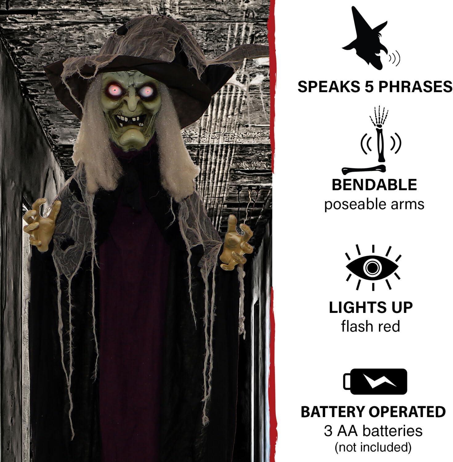 c&g home Life-Size Poseable Witch with Lights and Sound, Indoor/Covered Outdoor Halloween Decoration