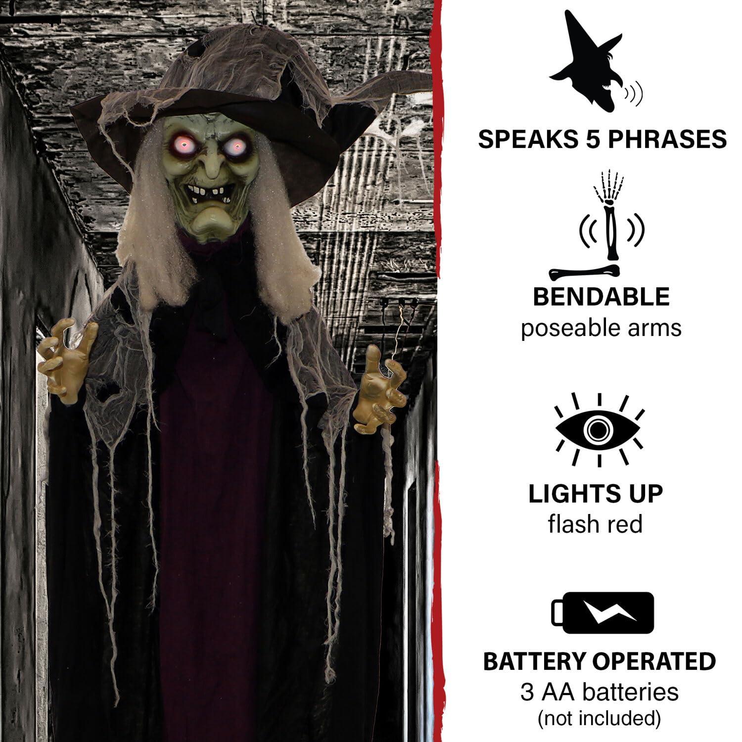 c&g home Life-Size Poseable Witch with Lights and Sound, Indoor/Covered Outdoor Halloween Decoration