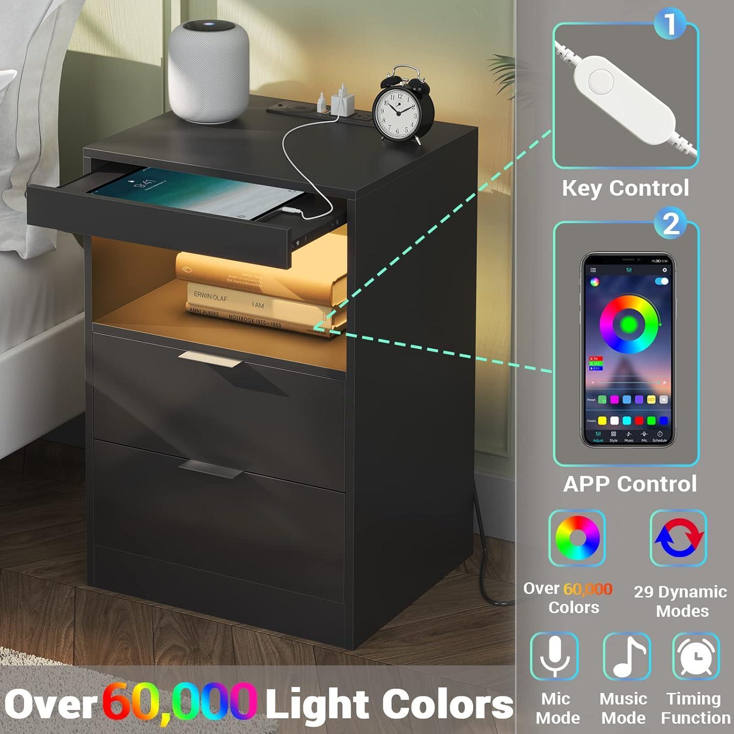 Exlonjet Black Nightstand with Wireless Charging Station and LED Lights, Bedside Table with 2 Drawers, Open Storage, 1 Pull-Out Tray, End Side Table with Charging Station, LED Night Stand with Storage